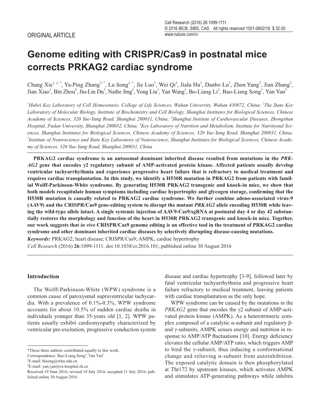 Genome Editing with CRISPR/Cas9 in Postnatal Mice Corrects PRKAG2 Cardiac Syndrome