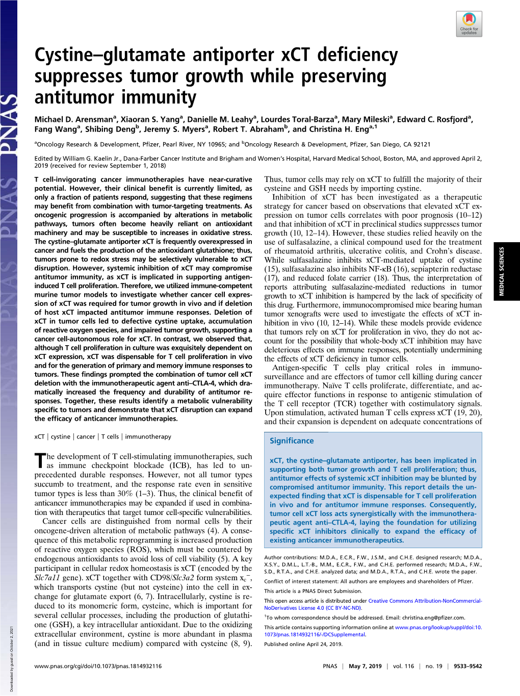 Cystine–Glutamate Antiporter Xct Deficiency Suppresses Tumor Growth While Preserving Antitumor Immunity