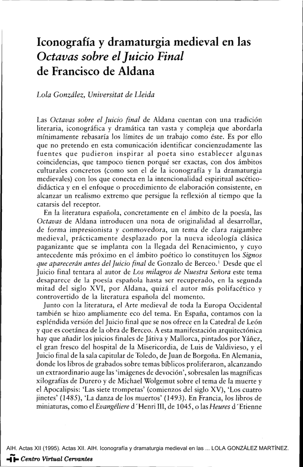 Iconografía Y Dramaturgia Medieval En Las Octavas Sobre El Juicio Final De Francisco De Aldana