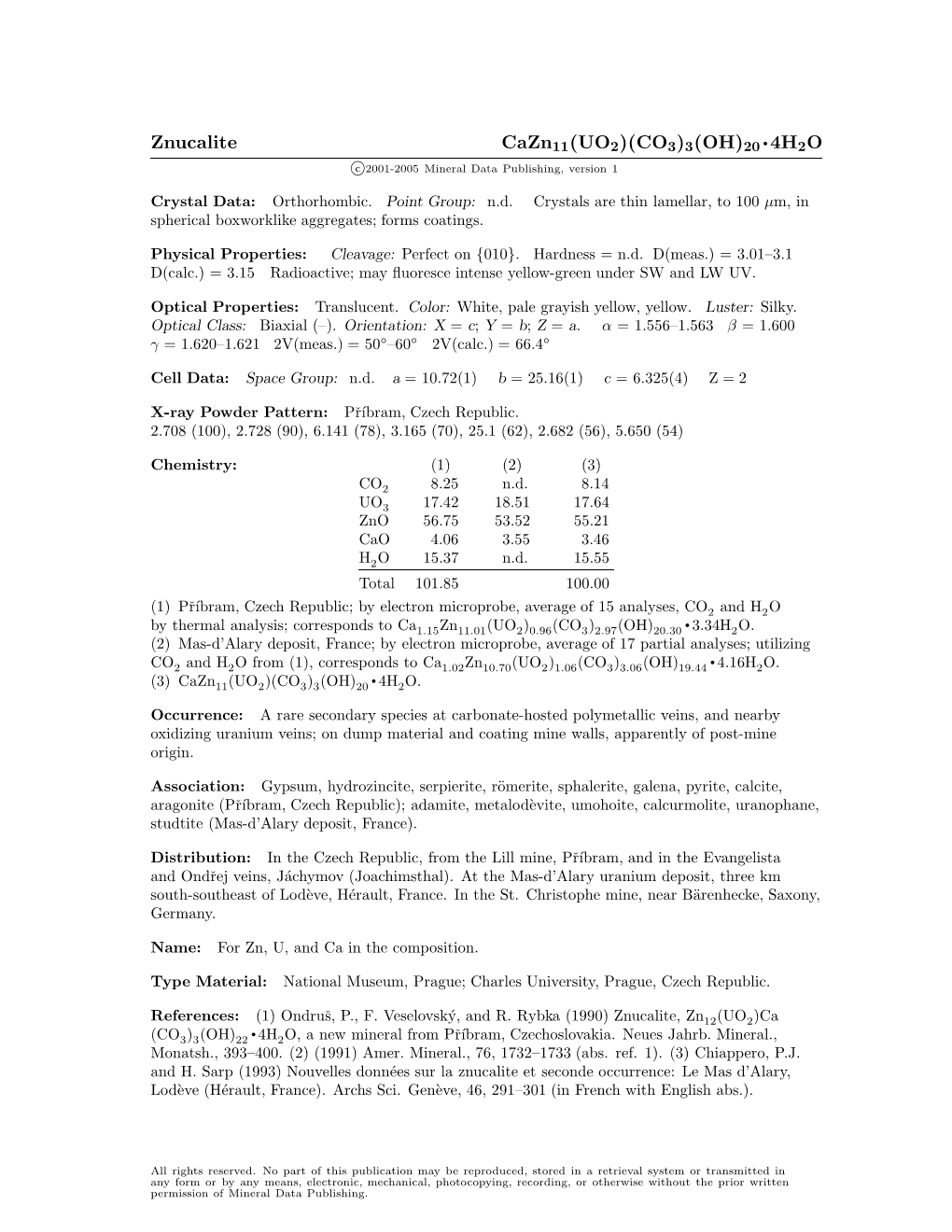 Znucalite Cazn11(UO2)(CO3)3(OH)20 • 4H2O C 2001-2005 Mineral Data Publishing, Version 1