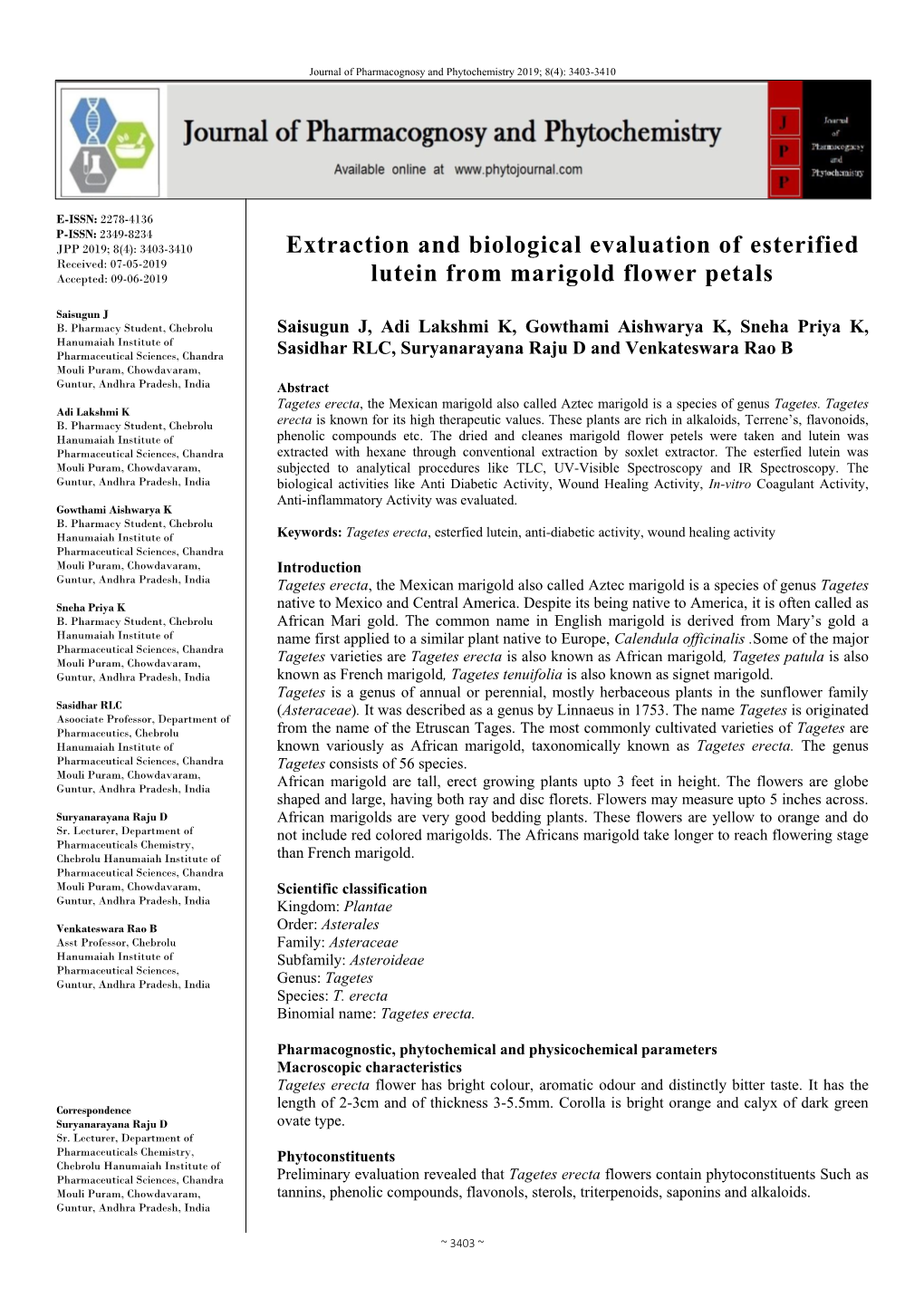 Extraction and Biological Evaluation of Esterified Lutein from Marigold Flower Petals