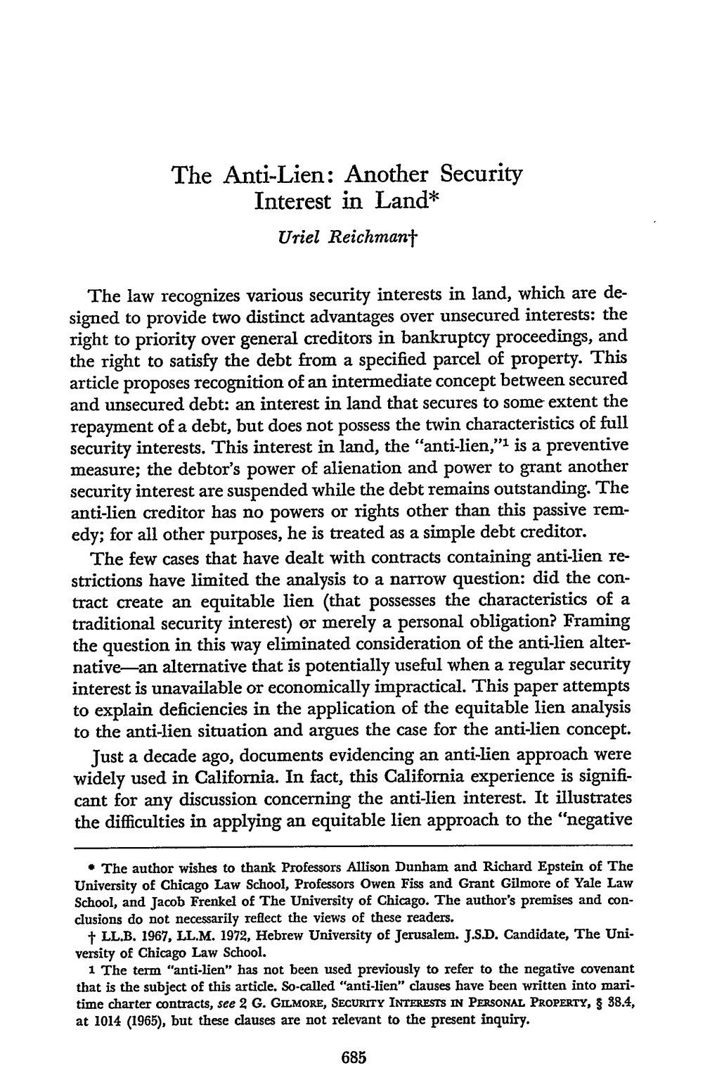 The Anti-Lien: Another Security Interest in Land*