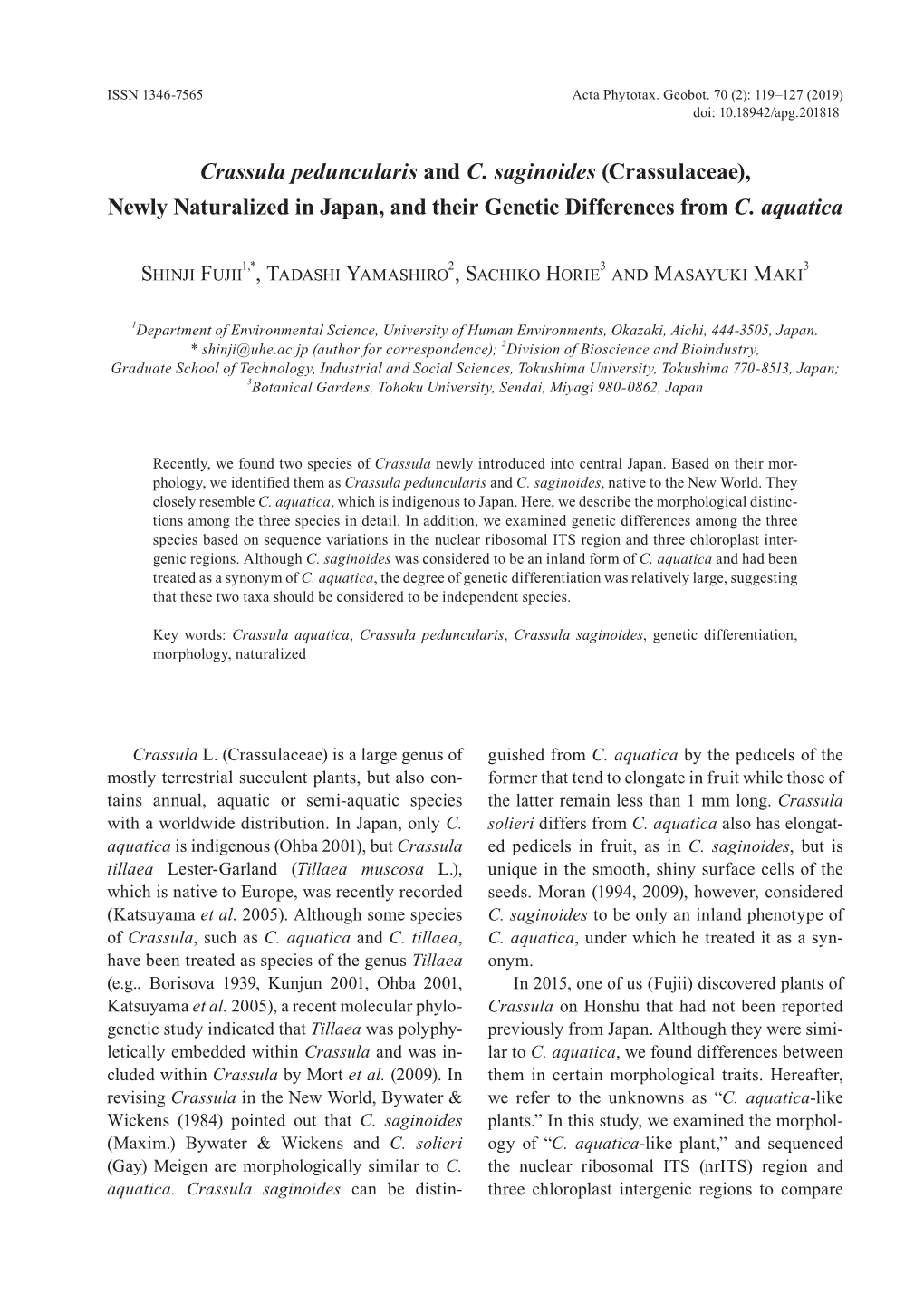 Crassula Peduncularis and C. Saginoides (Crassulaceae), Newly Naturalized in Japan, and Their Genetic Differences from C