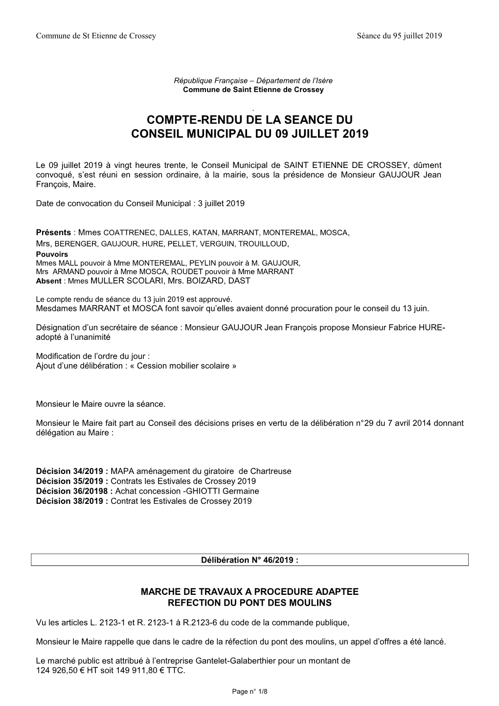 Compte-Rendu De La Seance Du Conseil Municipal Du 09 Juillet 2019