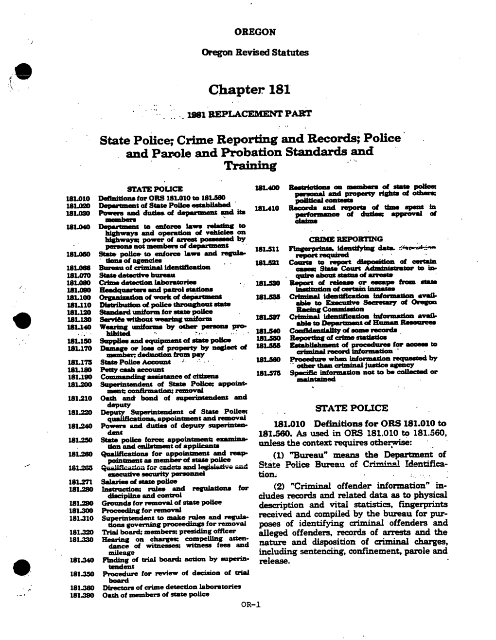 Oregon Revised Statutes Chapter 181 Parr State Police