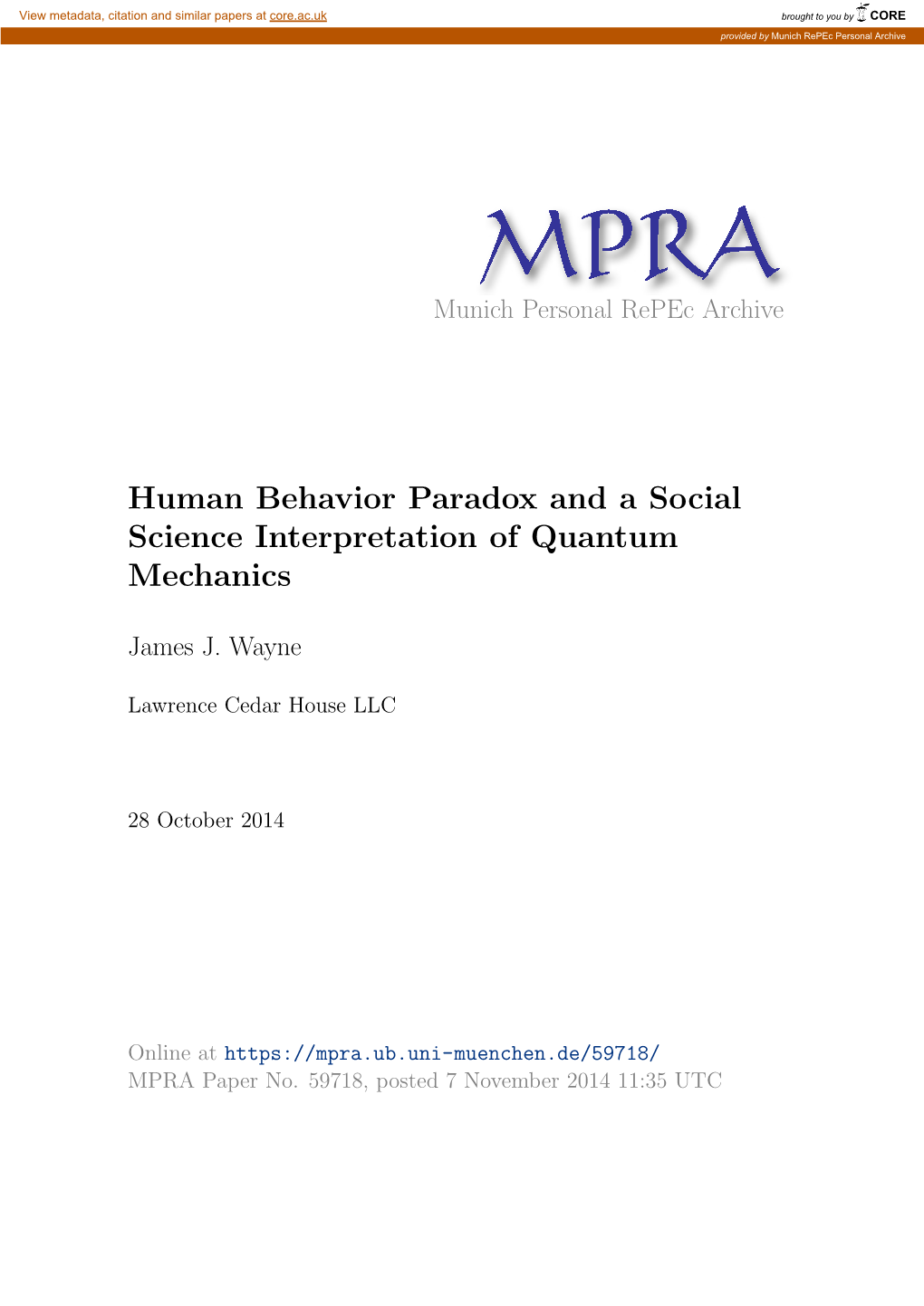 Human Behavior Paradox and a Social Science Interpretation of Quantum Mechanics