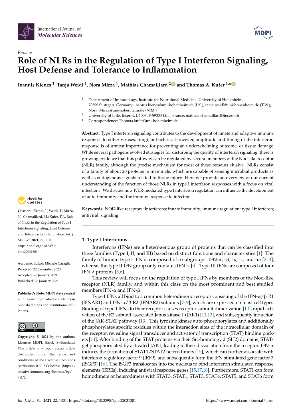 Role of Nlrs in the Regulation of Type I Interferon Signaling, Host Defense and Tolerance to Inﬂammation