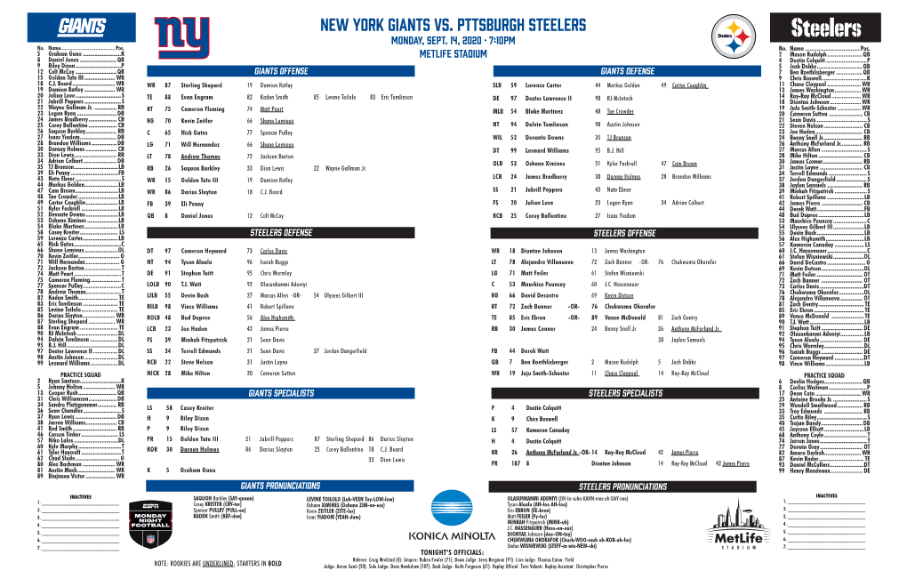 NEW YORK GIANTS Vs. PTTSBURGH STEELERS MONDAY, SEPT