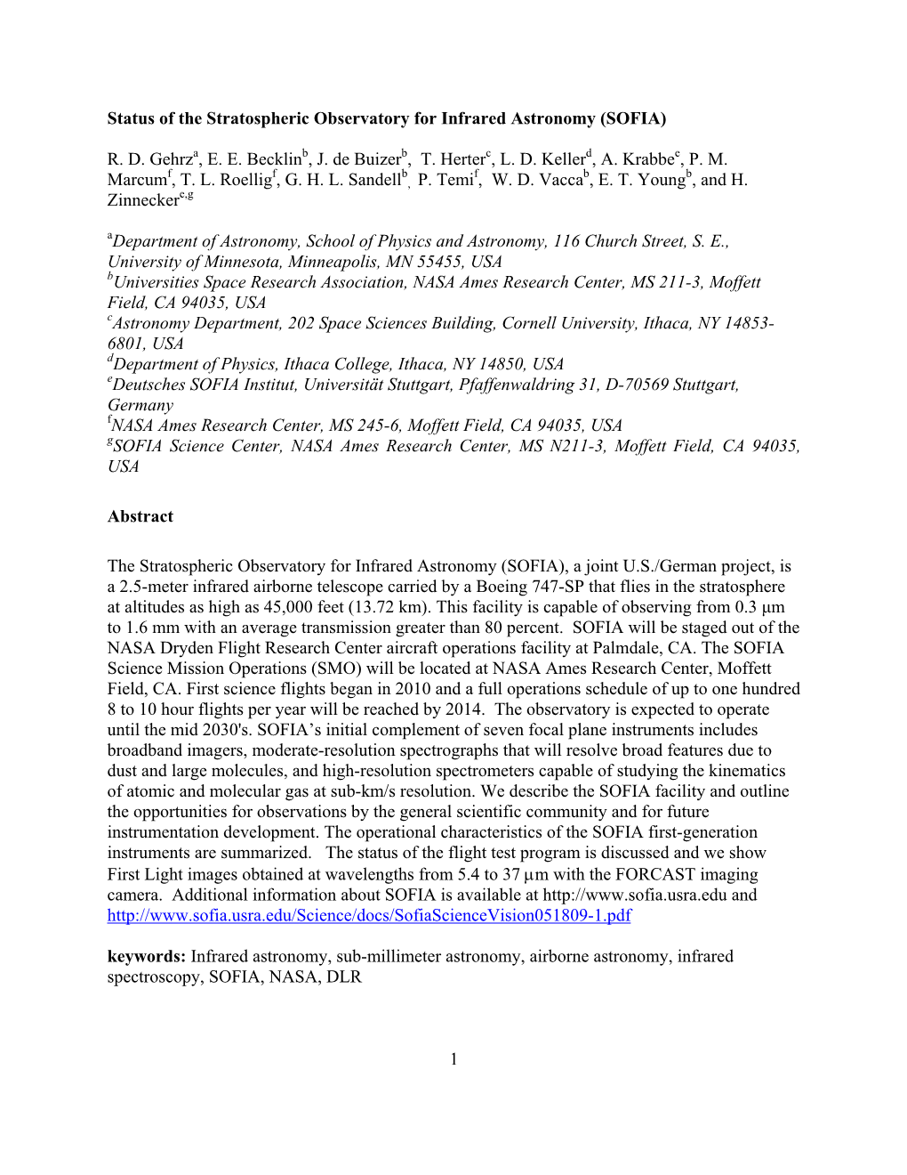 1 Status of the Stratospheric Observatory for Infrared Astronomy