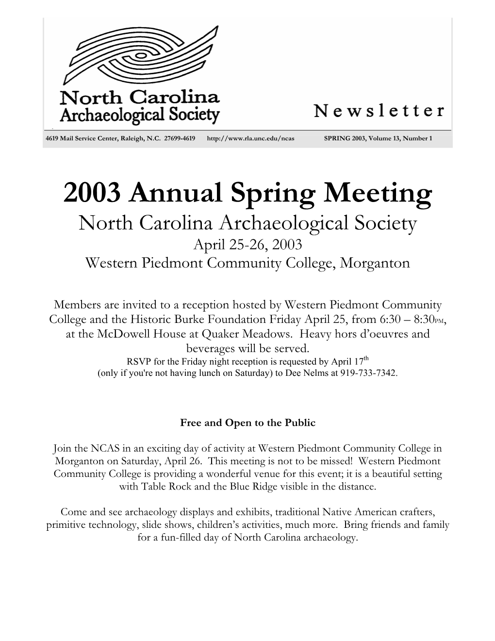 2003 Annual Spring Meeting North Carolina Archaeological Society April 25-26, 2003 Western Piedmont Community College, Morganton