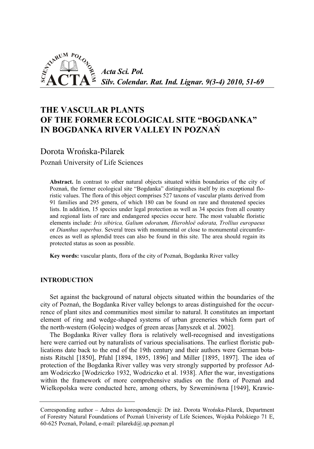 The Vascular Plants of the Former Ecological Site “Bogdanka” in Bogdanka River Valley in Poznań