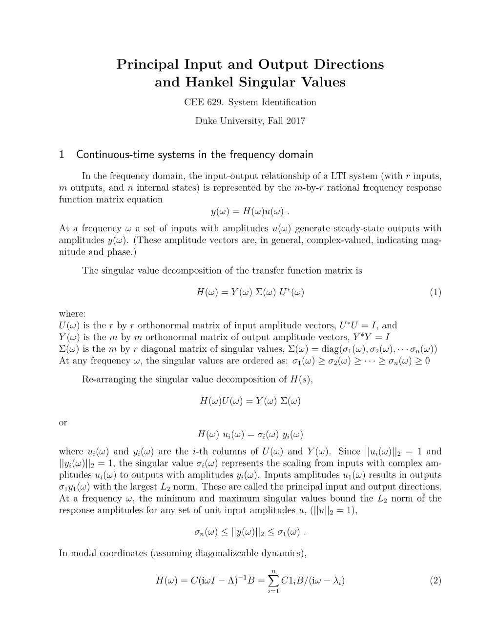 Input and Output Directions and Hankel Singular Values CEE 629