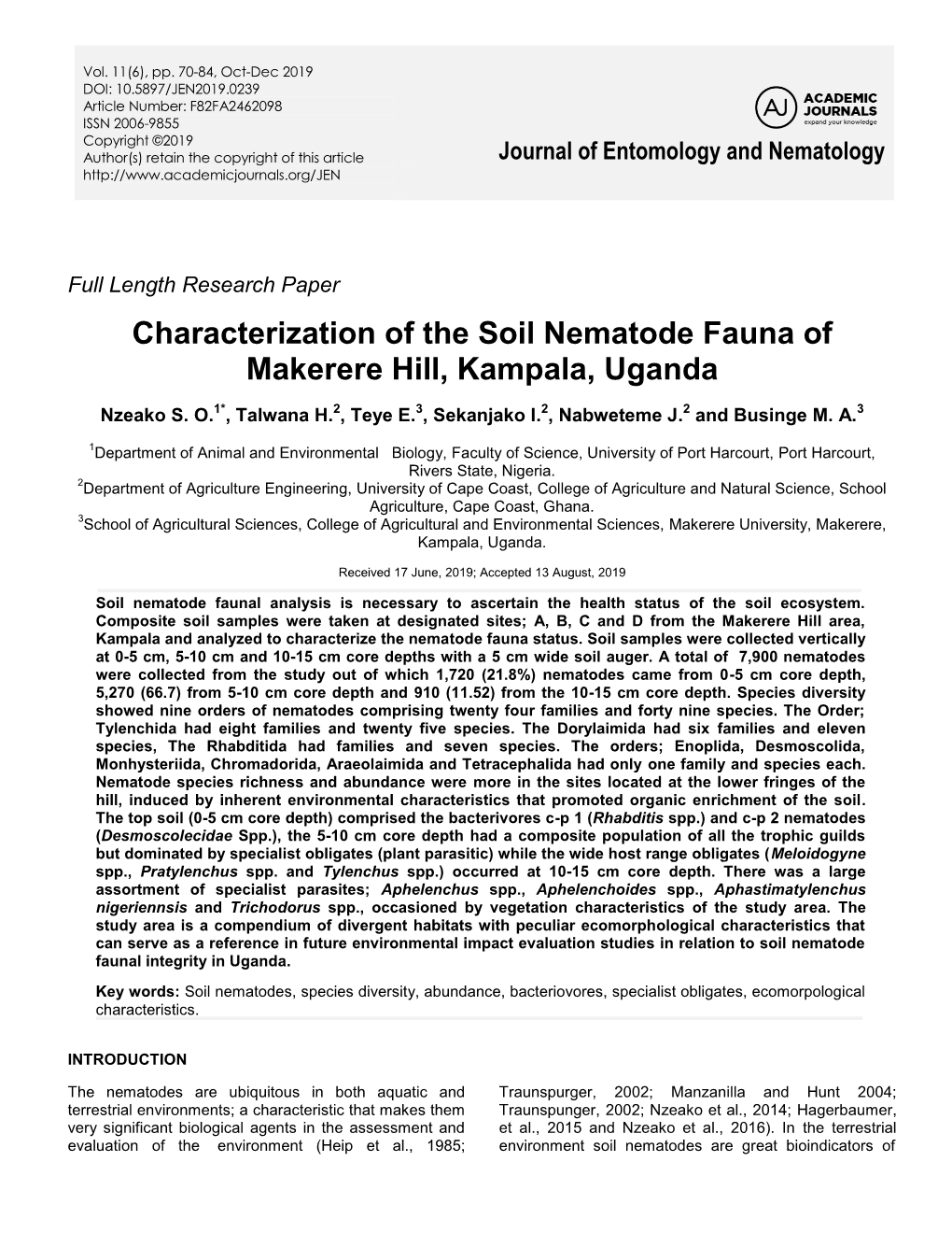 Characterization of the Soil Nematode Fauna of Makerere Hill, Kampala, Uganda