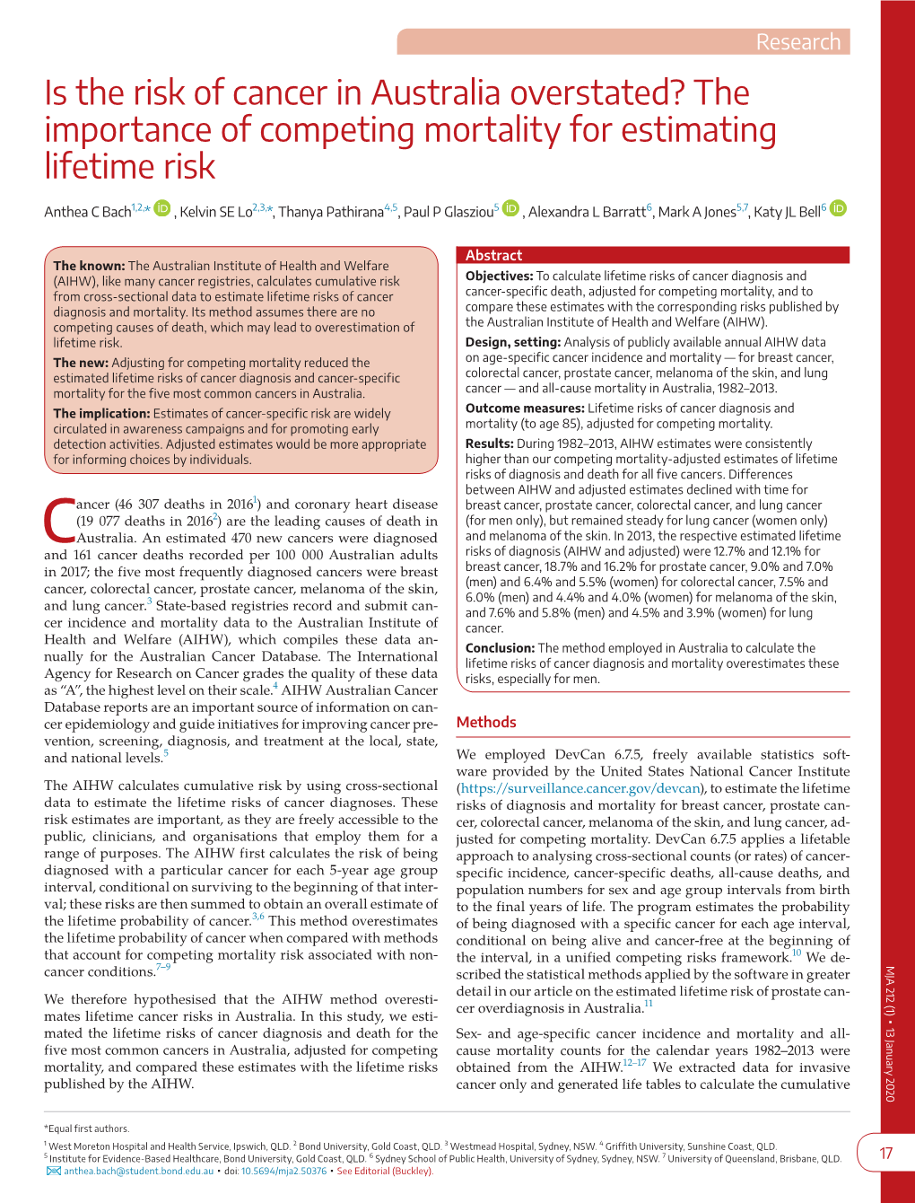 Is the Risk of Cancer in Australia Overstated? the Importance of Competing Mortality for Estimating Lifetime Risk