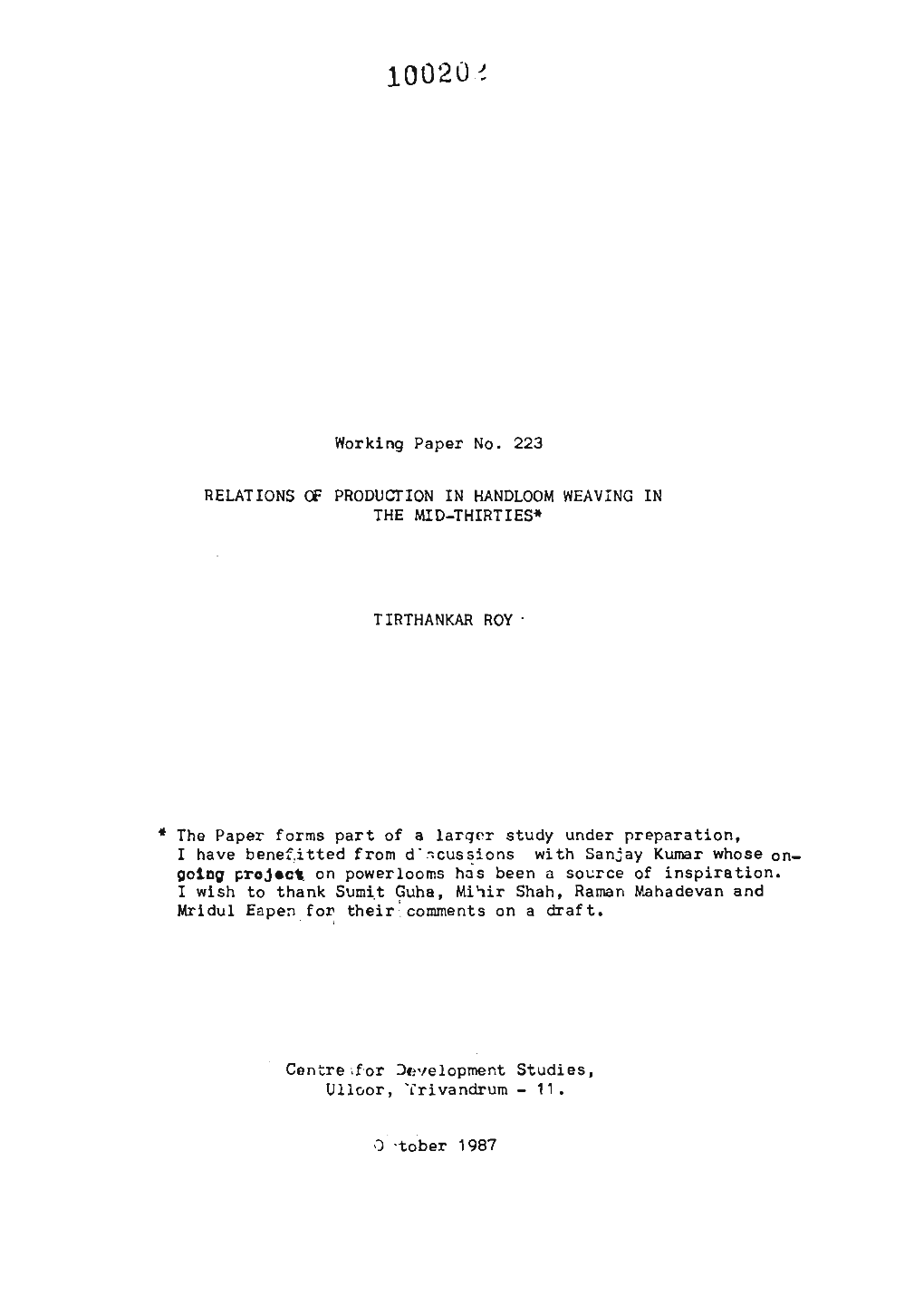 Working Paper No. 223 the MID-THIRTIES" TIRTHANKAR ROY