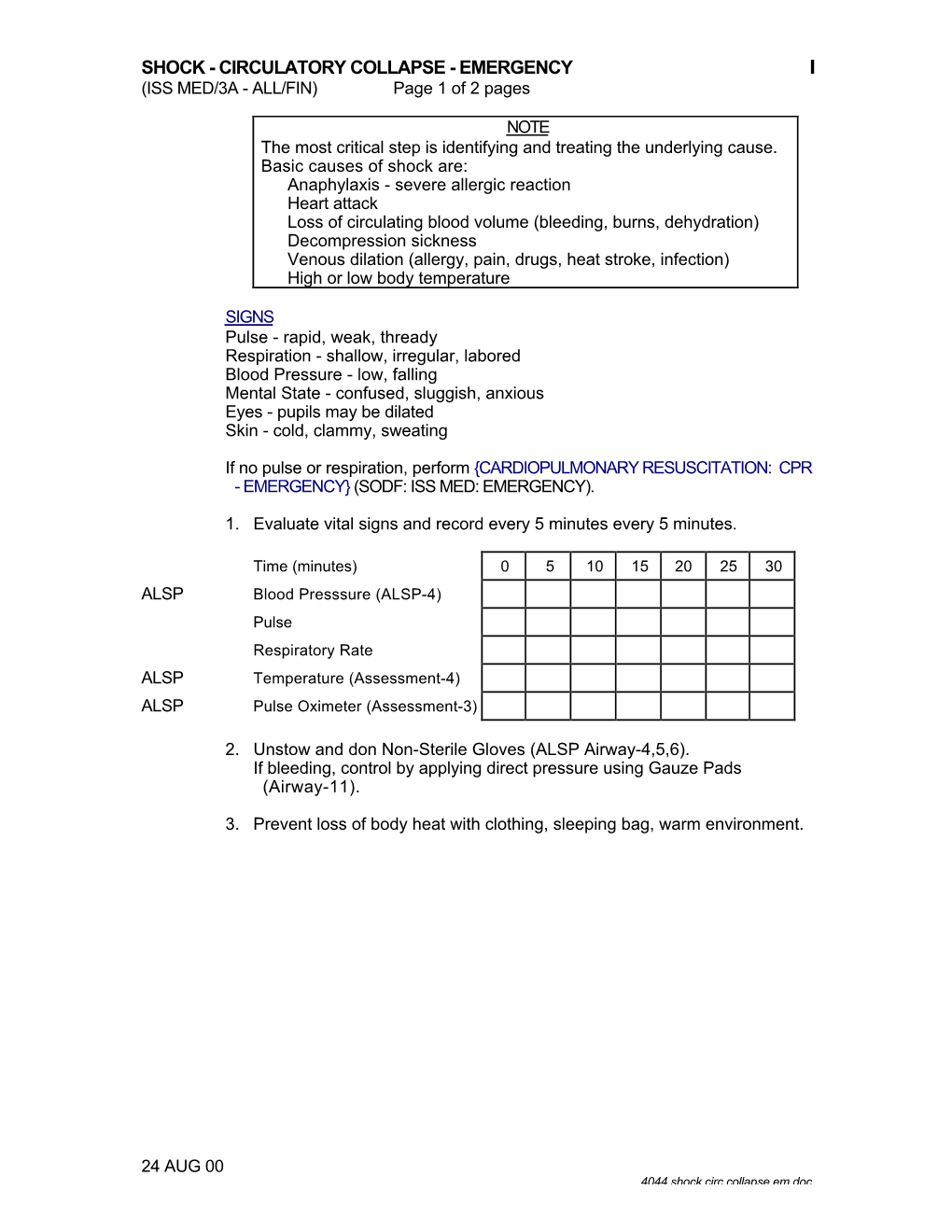 CIRCULATORY COLLAPSE - EMERGENCY (ISS MED/3A - ALL/FIN) Page 1 of 2 Pages