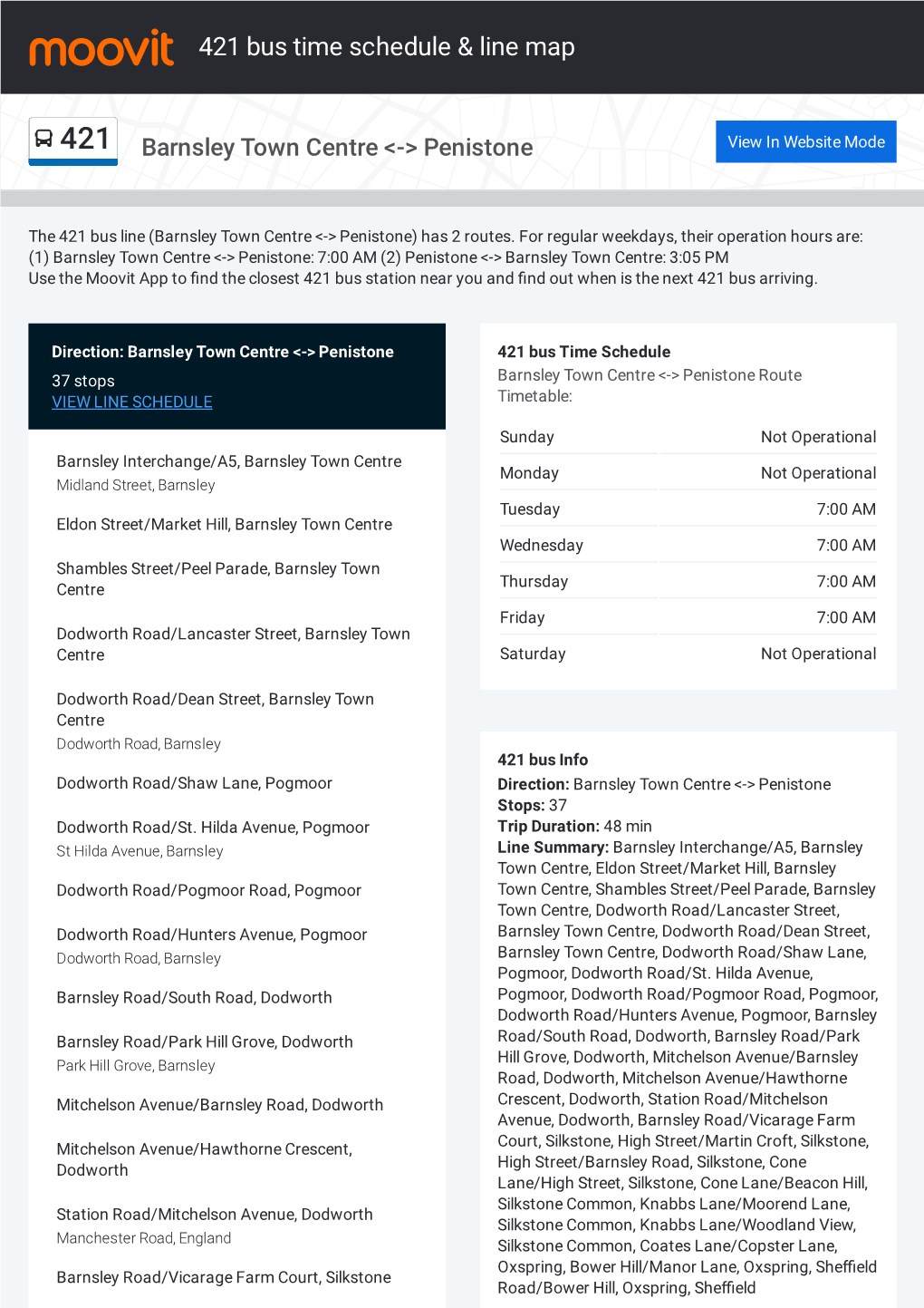 421 Bus Time Schedule & Line Route