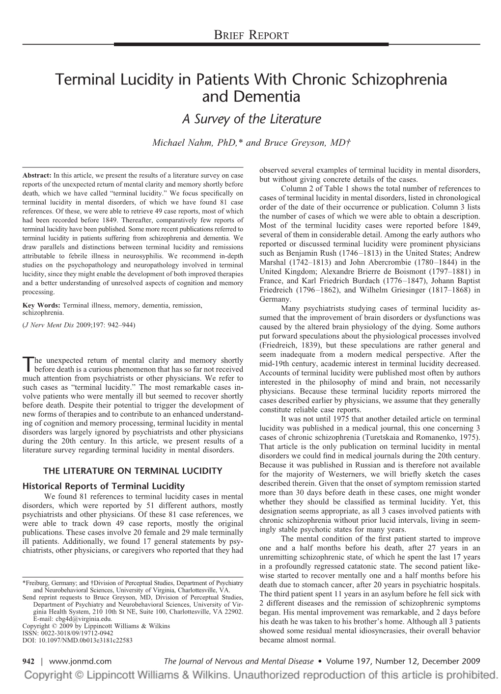 Terminal Lucidity in Patients with Chronic Schizophrenia and Dementia a Survey of the Literature