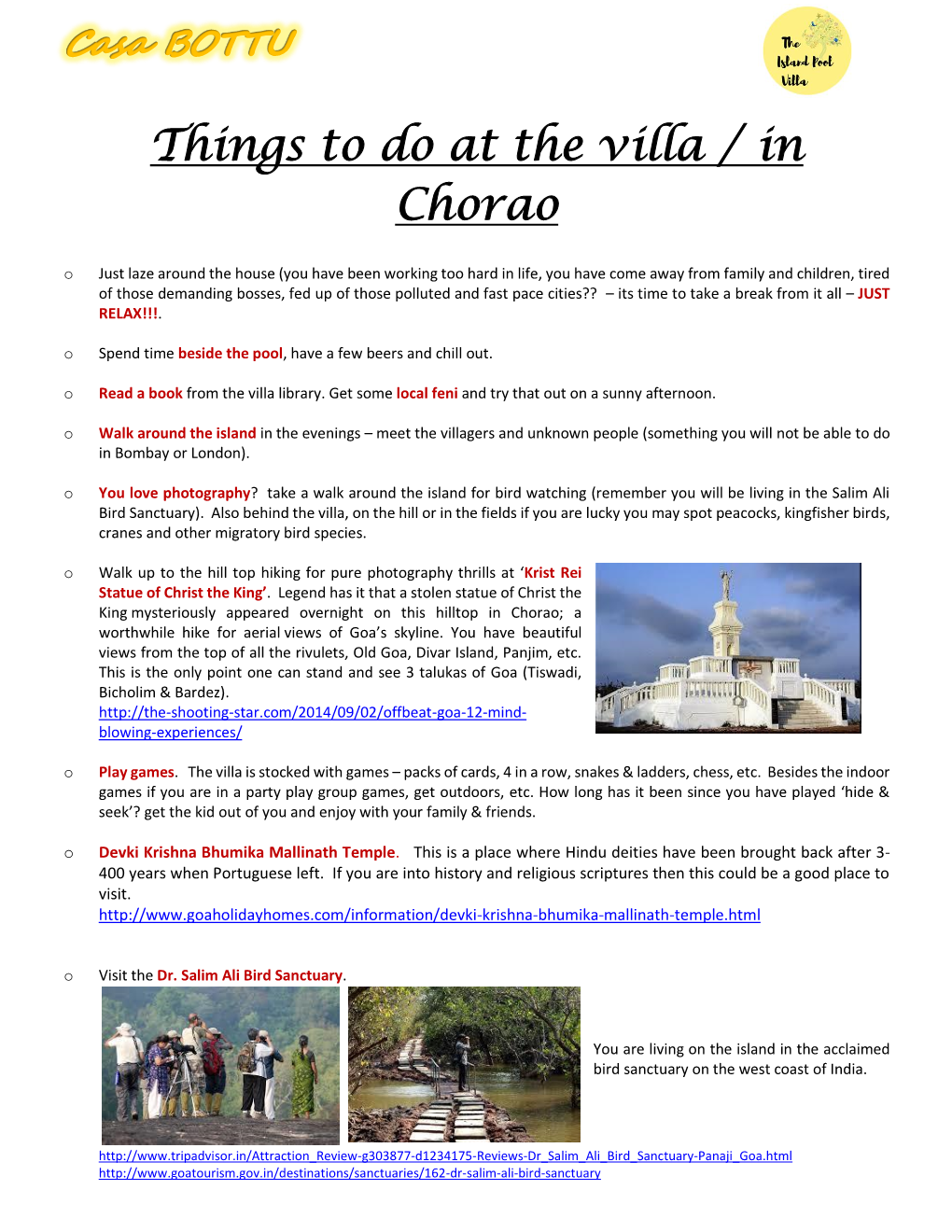Things to Do at the Villa / in Chorao