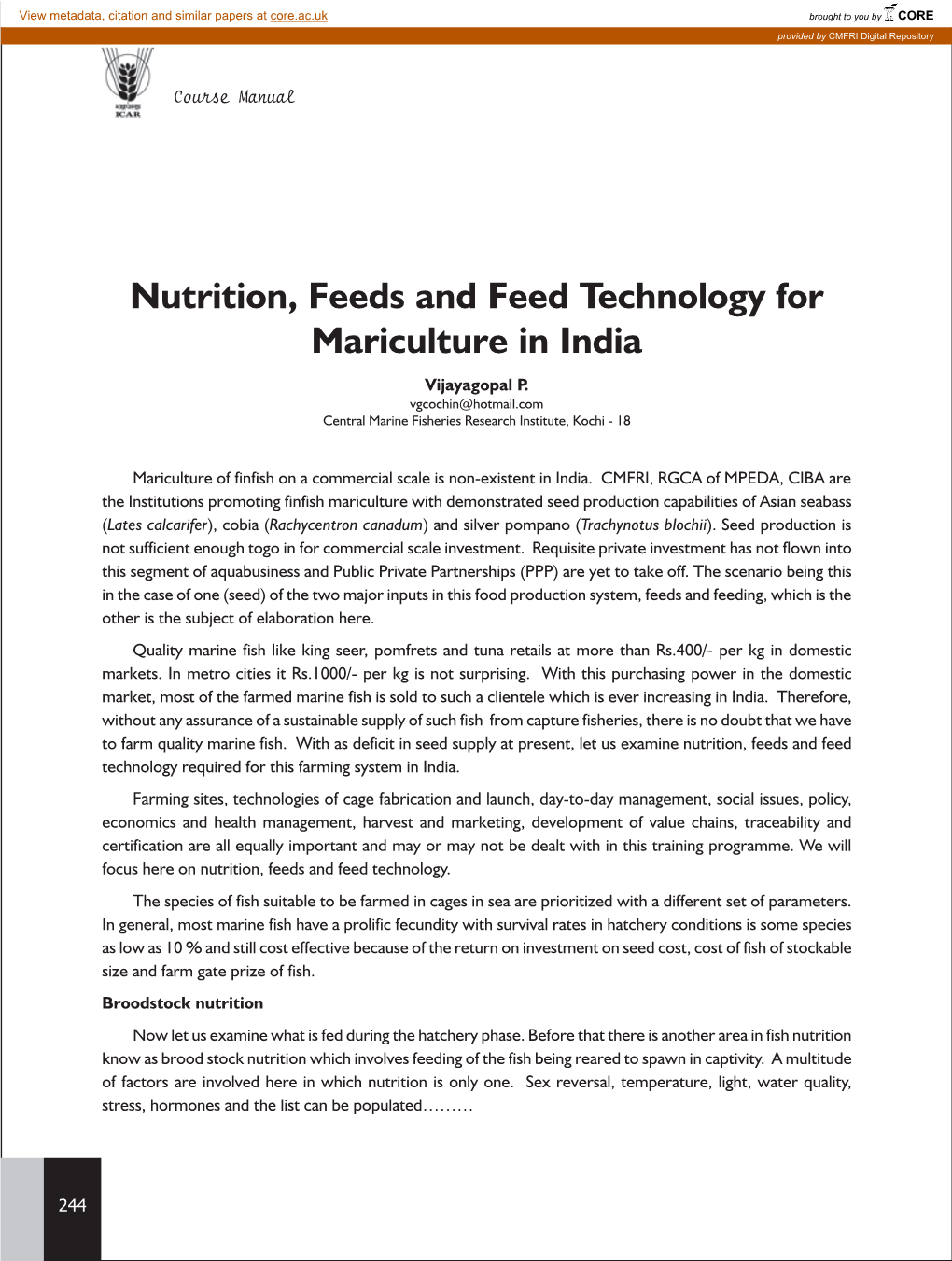 Nutrition, Feeds and Feed Technology for Mariculture in India Vijayagopal P