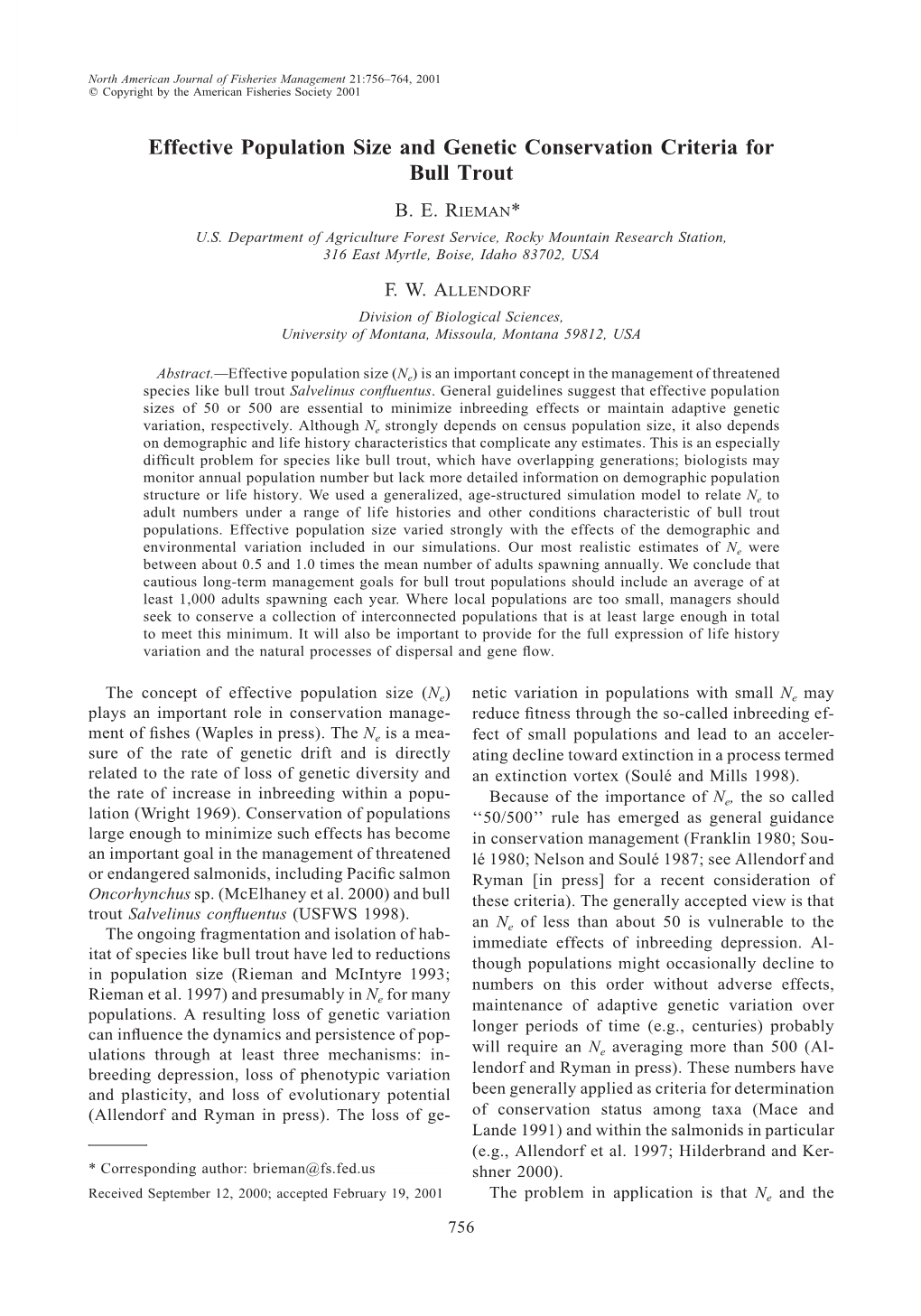 Effective Population Size and Genetic Conservation Criteria for Bull Trout