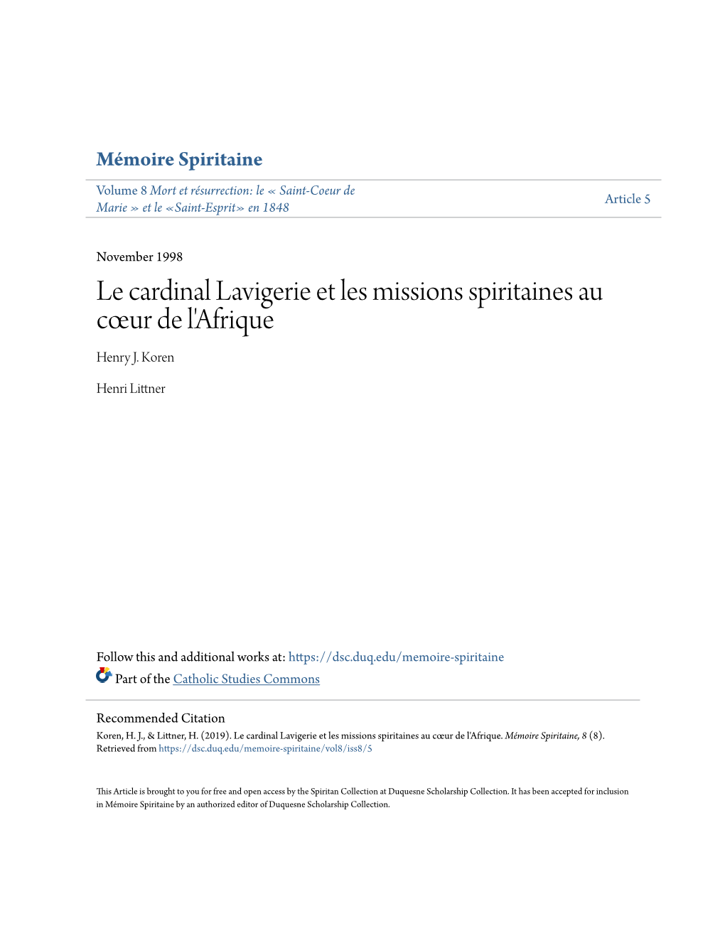 Le Cardinal Lavigerie Et Les Missions Spiritaines Au Cåfiur De L'afrique