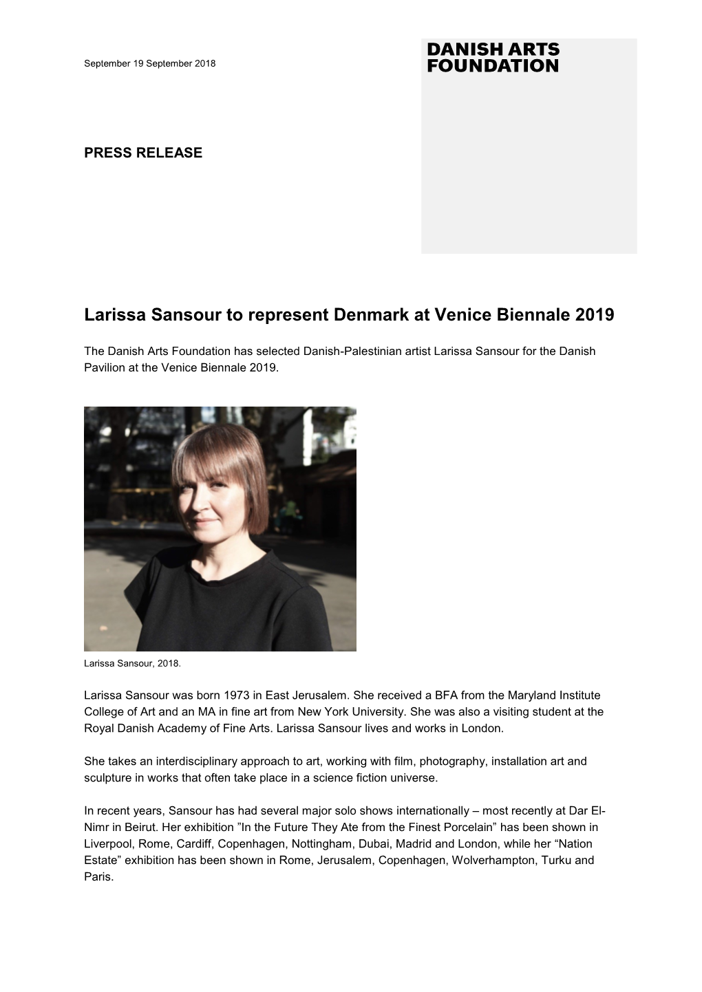 Larissa Sansour to Represent Denmark at Venice Biennale 2019