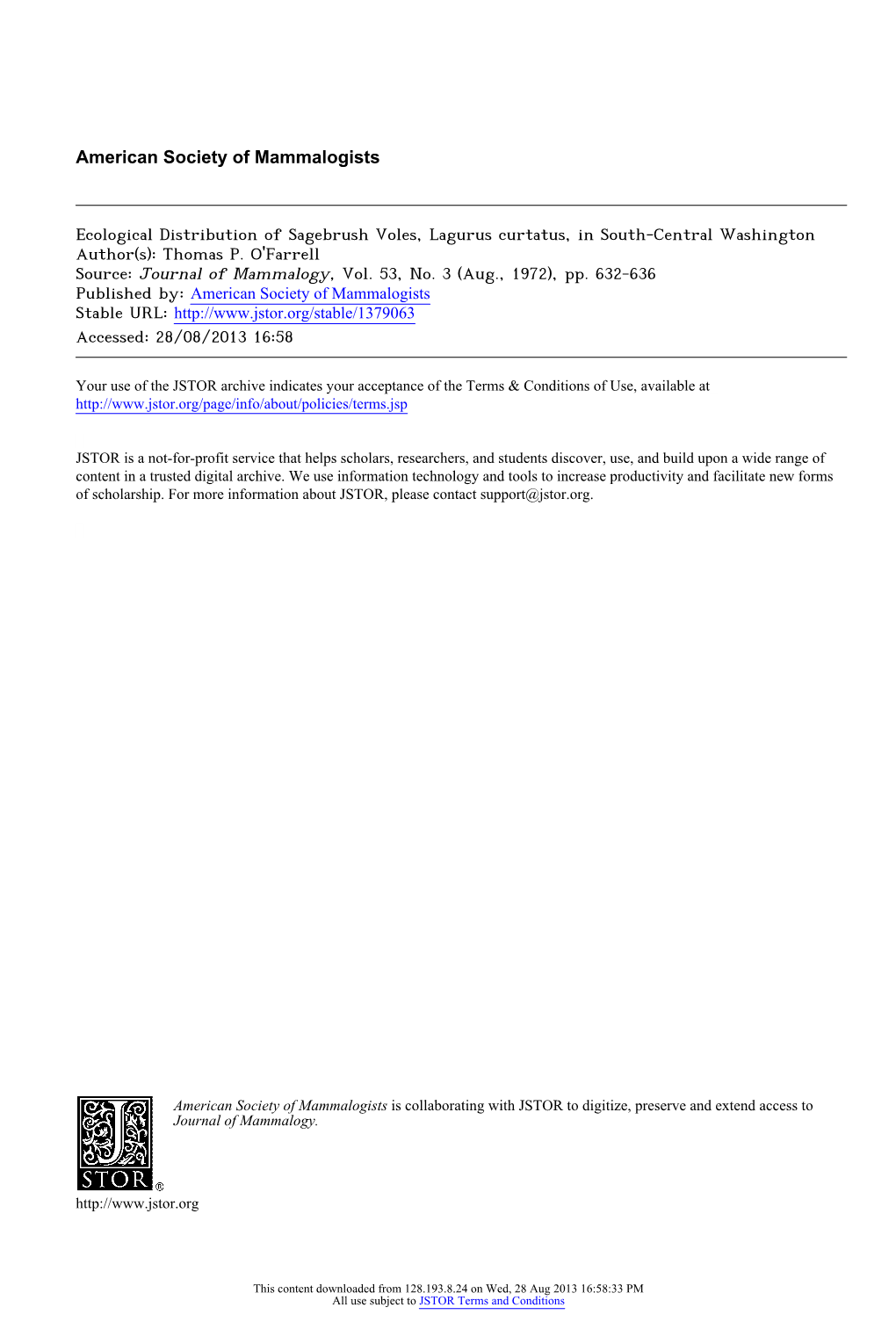 Ecological Distribution of Sagebrush Voles, Lagurus Curtatus, in South-Central Washington Author(S): Thomas P