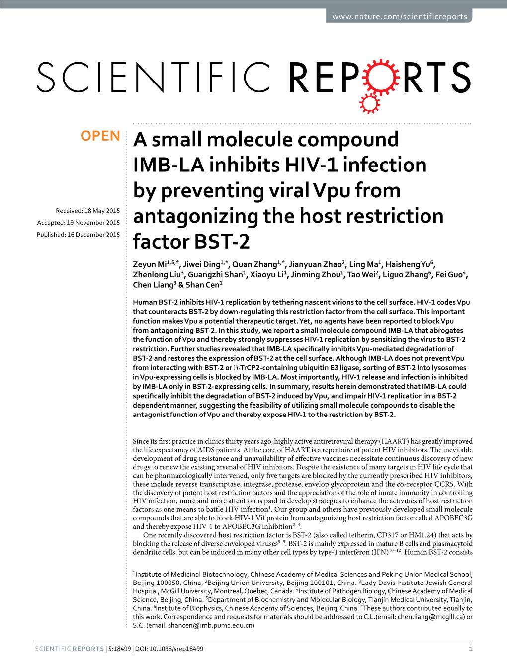 A Small Molecule Compound IMB-LA Inhibits HIV-1 Infection By