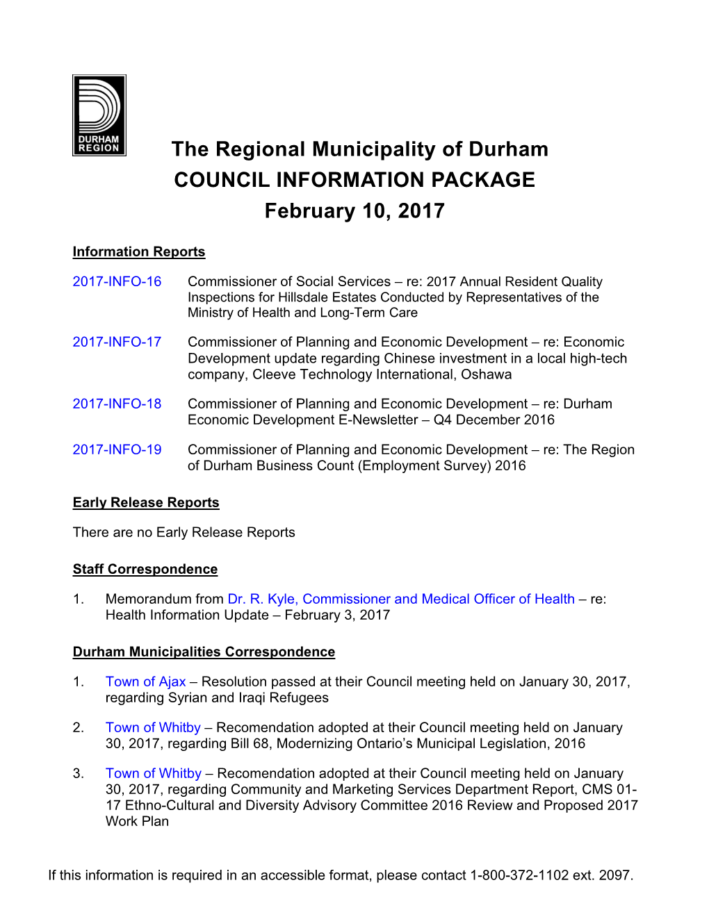 COUNCIL INFORMATION PACKAGE February 10, 2017