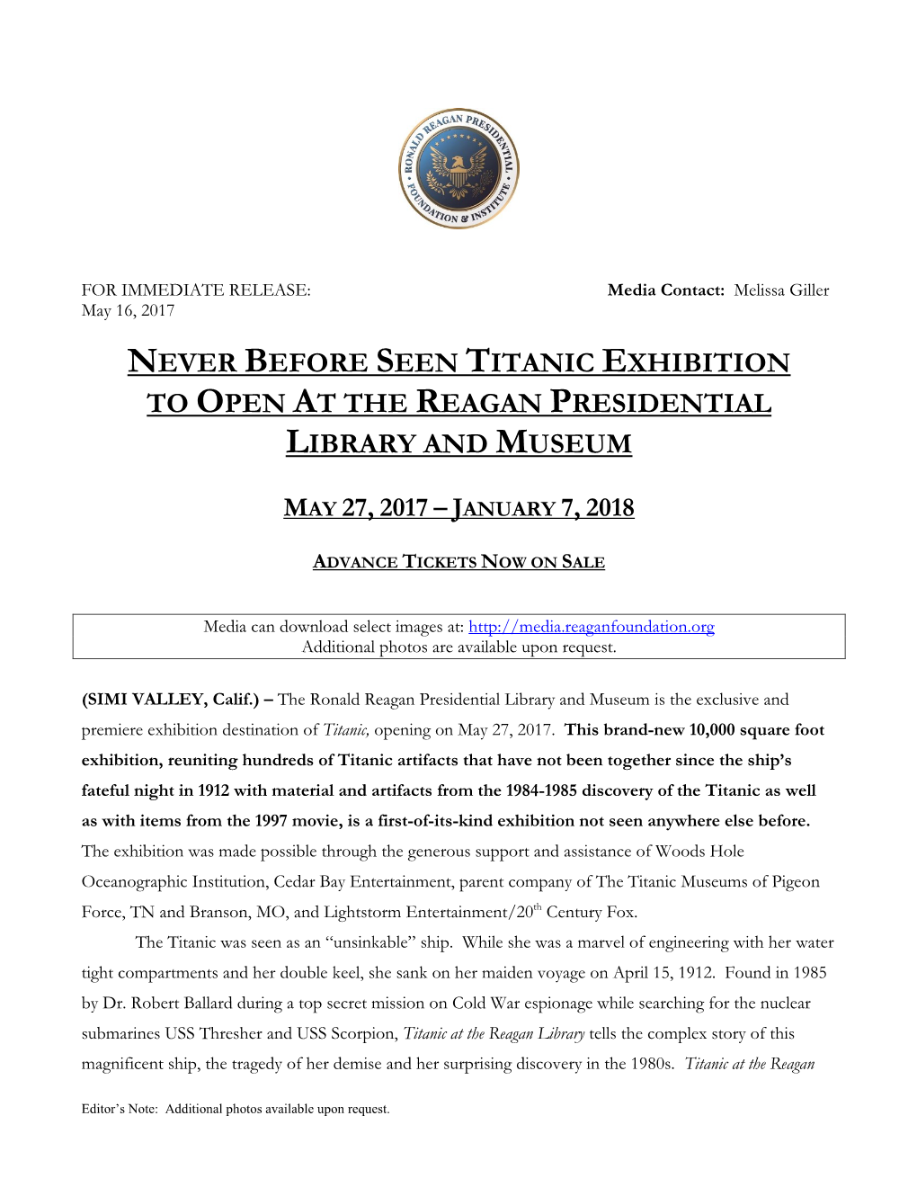 Never Before Seen Titanic Exhibition to Open at the Reagan Presidential Library and Museum
