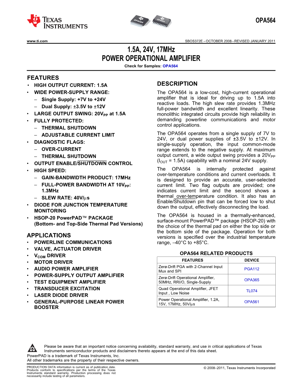 1.5A, 24V, 17Mhz Power Operational Amplifier Datasheet (Rev. E)