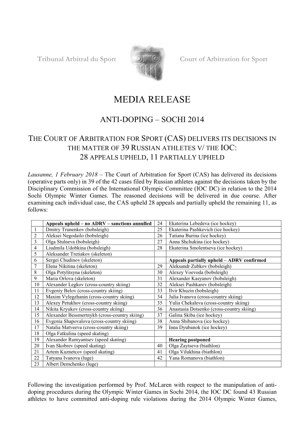 Anti-Doping – Sochi 2014 the Court of Arbitration for Sport