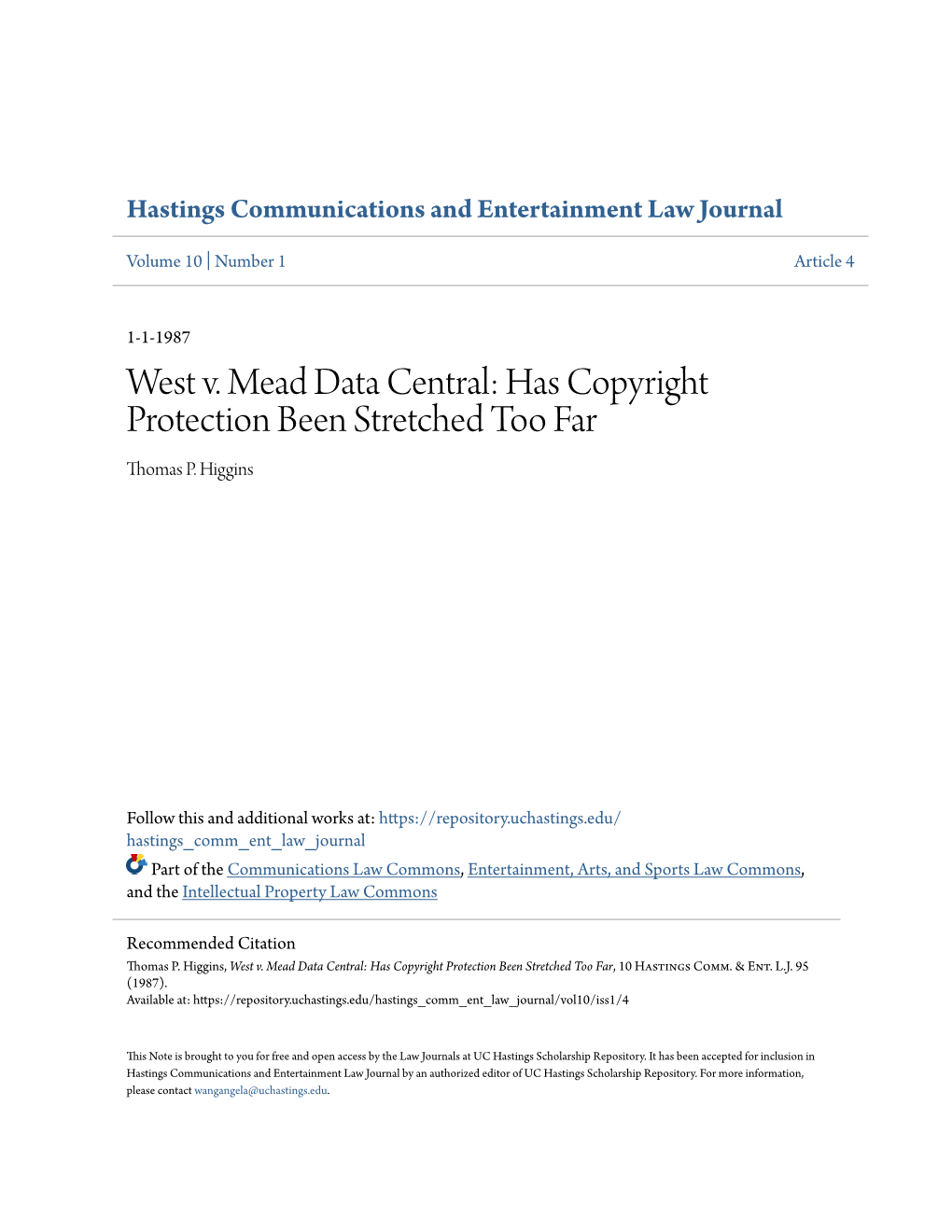 West V. Mead Data Central: Has Copyright Protection Been Stretched Too Far Thomas P