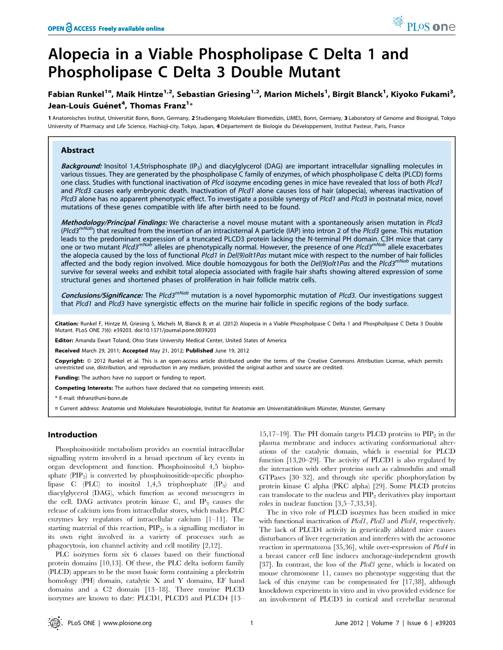 Alopecia in a Viable Phospholipase C Delta 1 and Phospholipase C Delta 3 Double Mutant