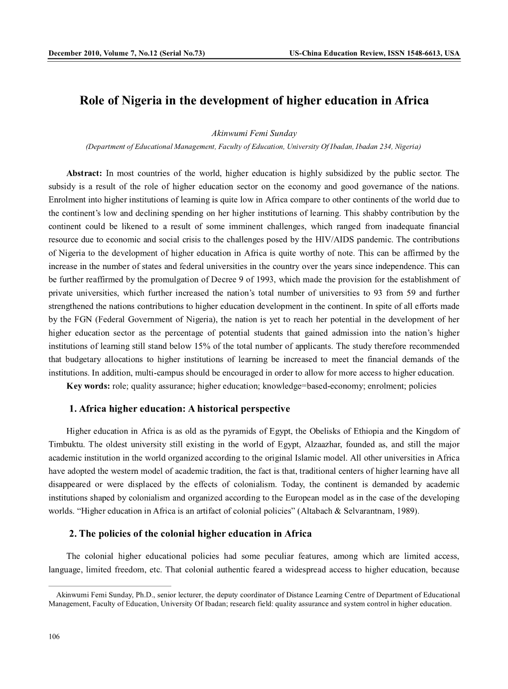 Role of Nigeria in the Development of Higher Education in Africa