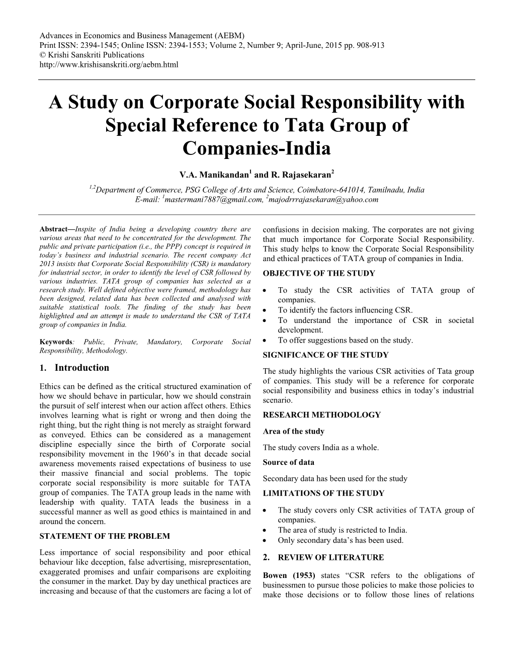 A Study on Corporate Social Responsibility with Special Reference to Tata Group of Companies-India