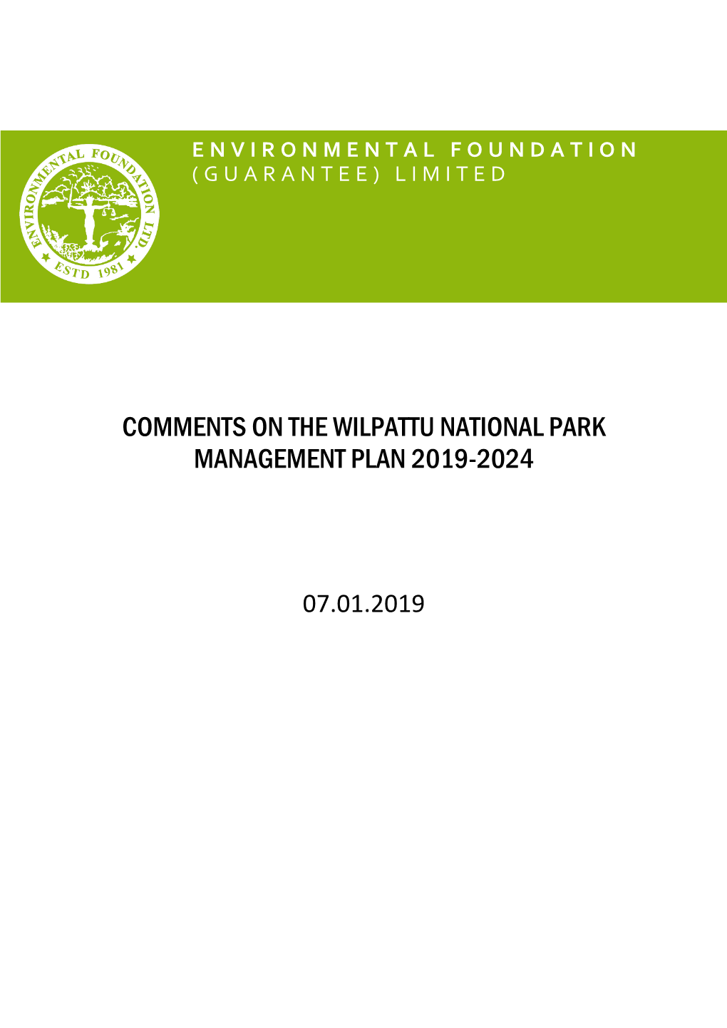 Comments on the Wilpattu National Park Management Plan 2019-2024