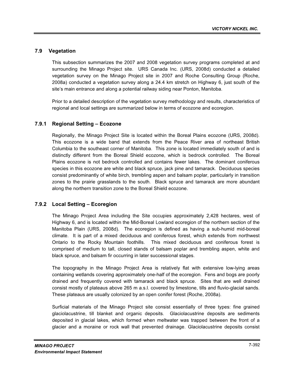 7.9 Vegetation 7.9.1 Regional Setting