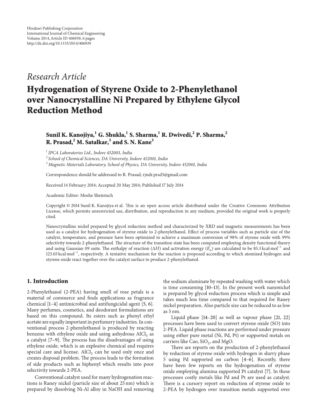 Hydrogenation of Styrene Oxide to 2-Phenylethanol Over Nanocrystalline Ni Prepared by Ethylene Glycol Reduction Method