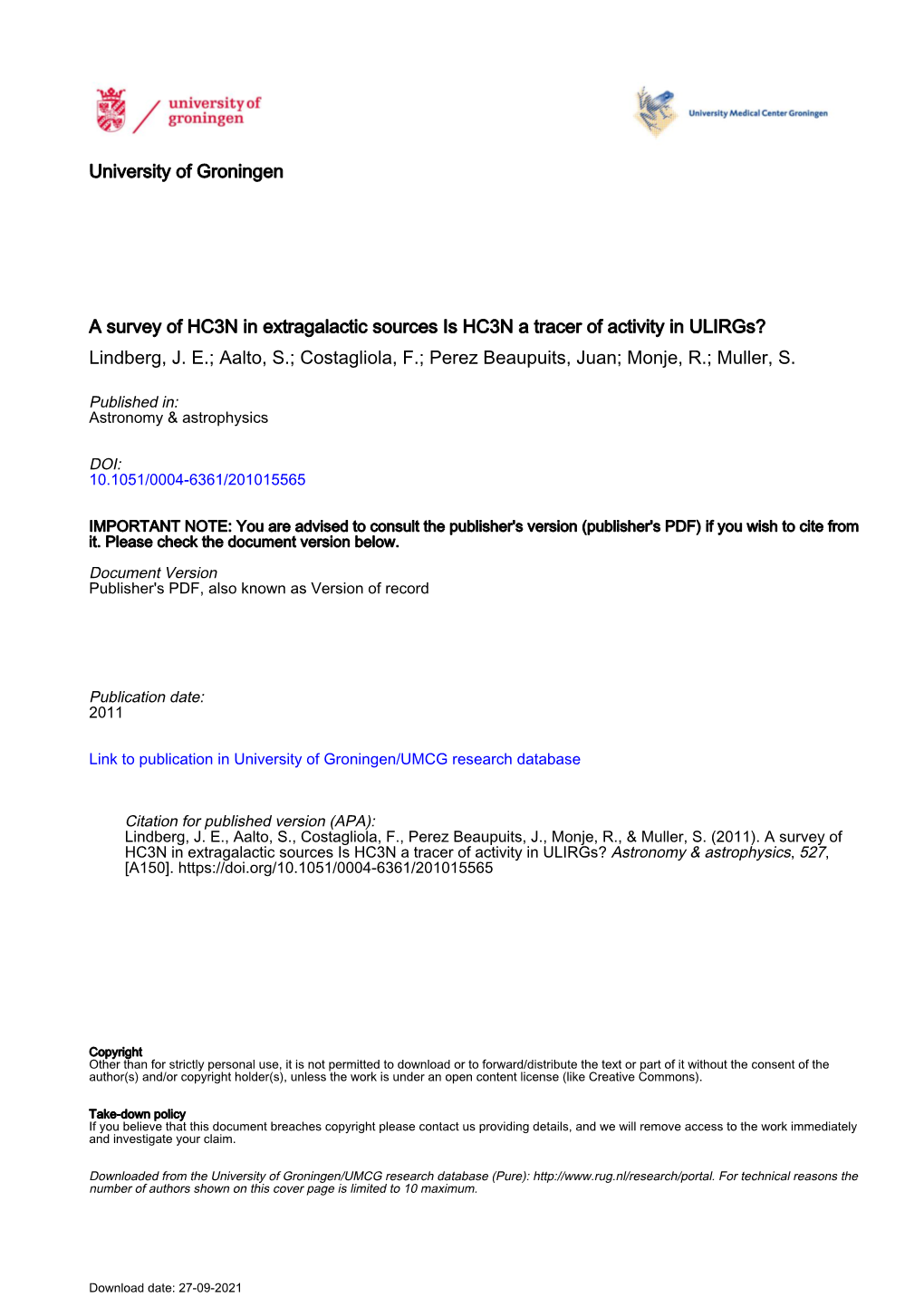 A Survey of HC3N in Extragalactic Sources Is HC3N a Tracer of Activity in Ulirgs? Lindberg, J