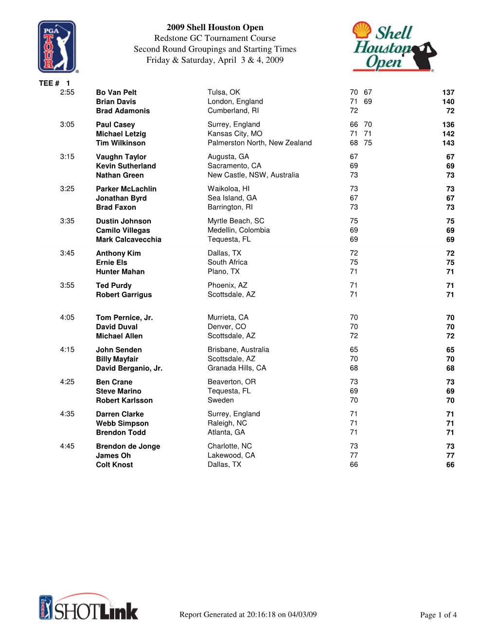 2009 Shell Houston Open Redstone GC Tournament Course Second Round Groupings and Starting Times Friday & Saturday, April 3 & 4, 2009