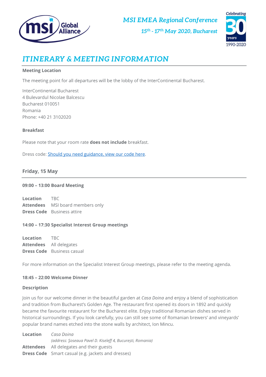 Itinerary & Meeting Information