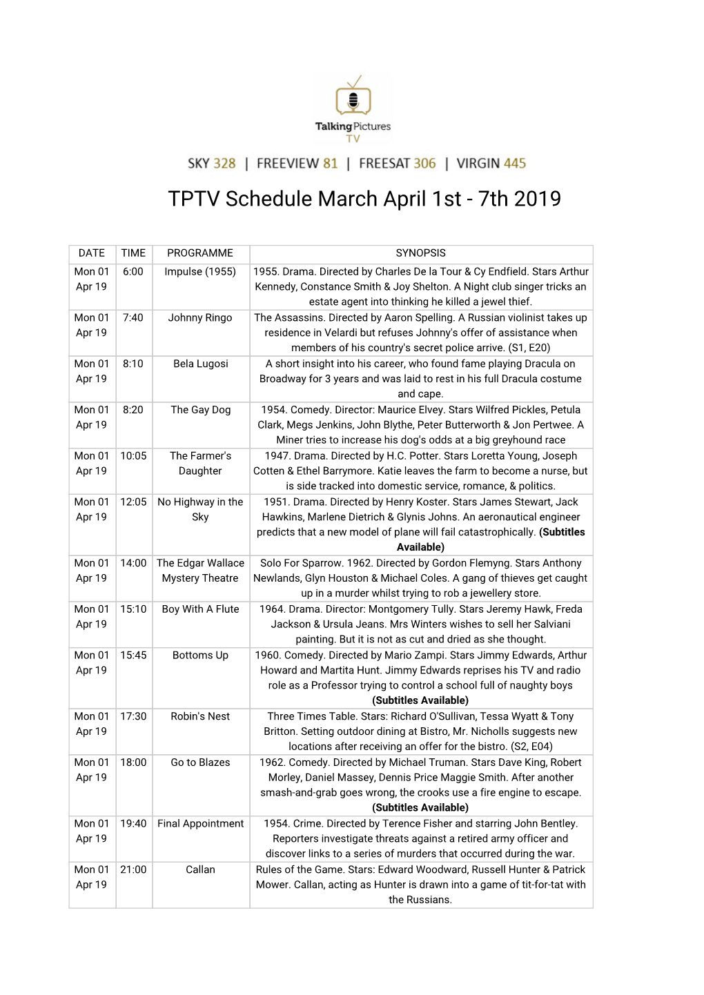 TPTV Schedule March April 1St - 7Th 2019