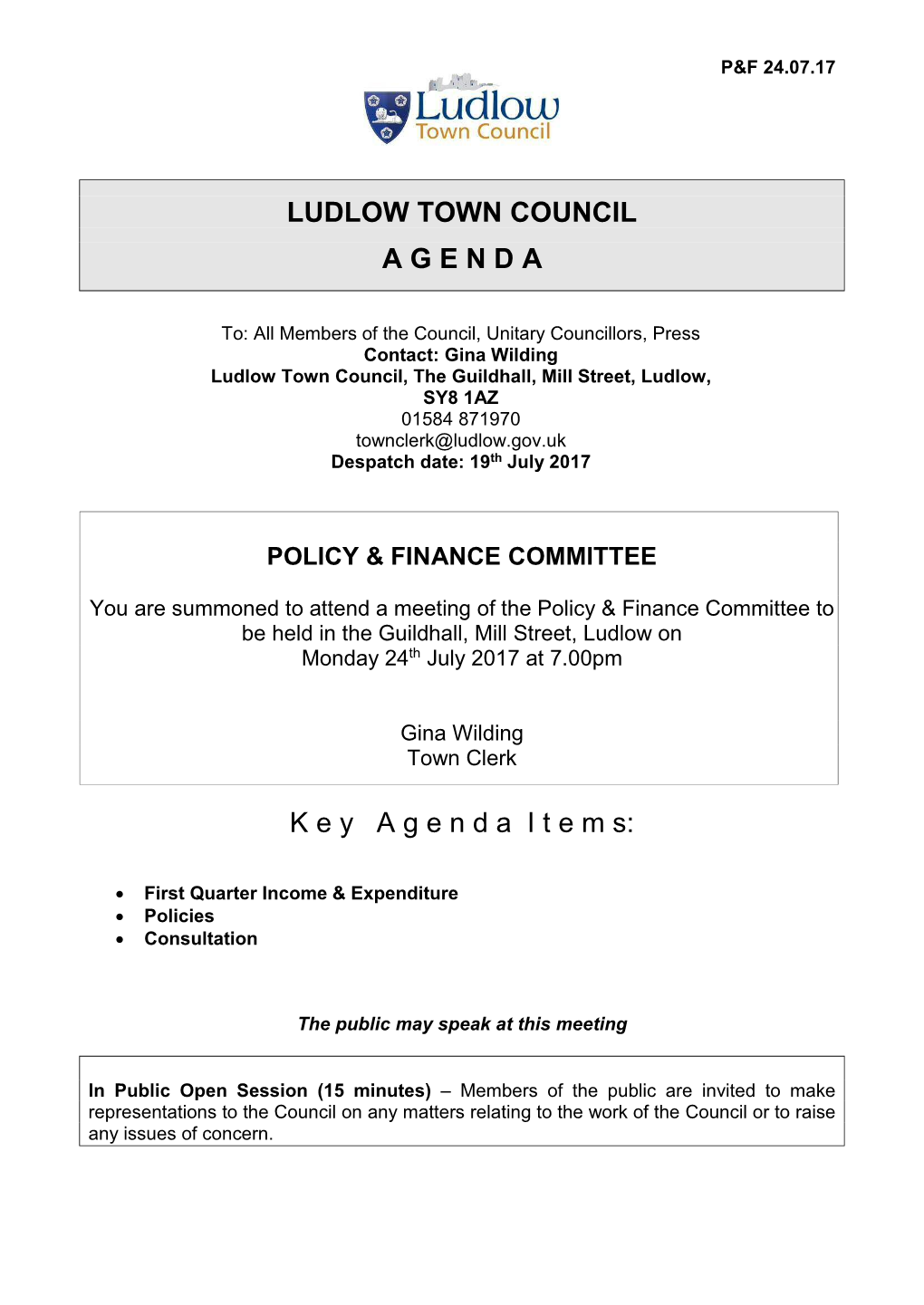 LUDLOW TOWN COUNCIL a G E N D a K E Y a G E N D a I T E M S