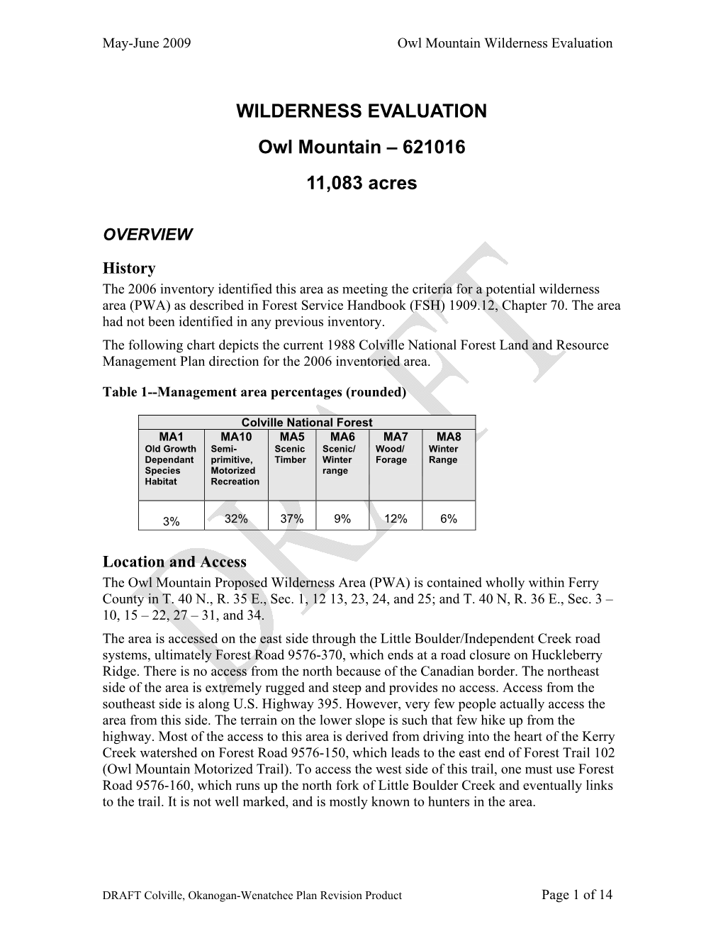 Owl Mountain Wilderness Evaluation