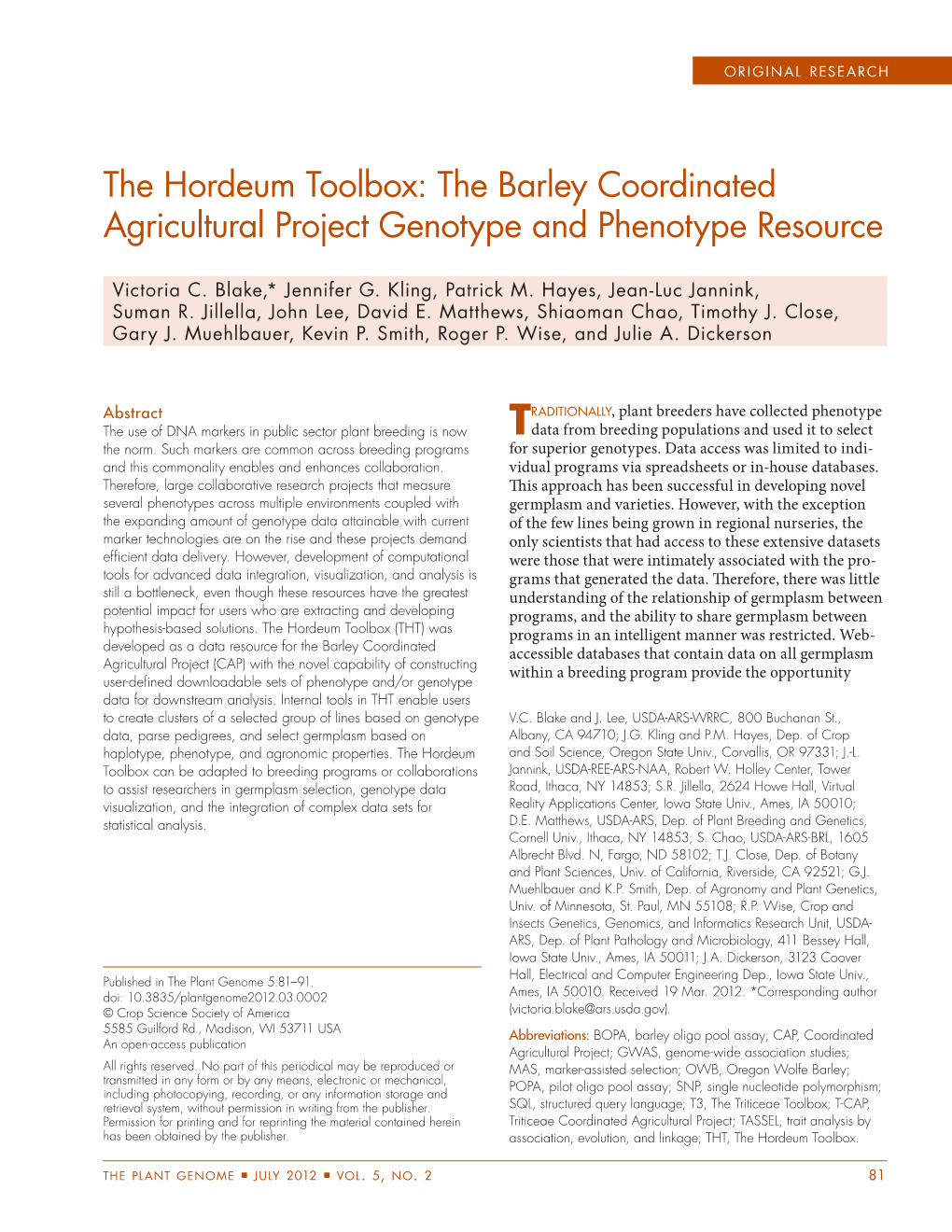The Hordeum Toolbox: the Barley Coordinated Agricultural Project Genotype and Phenotype Resource