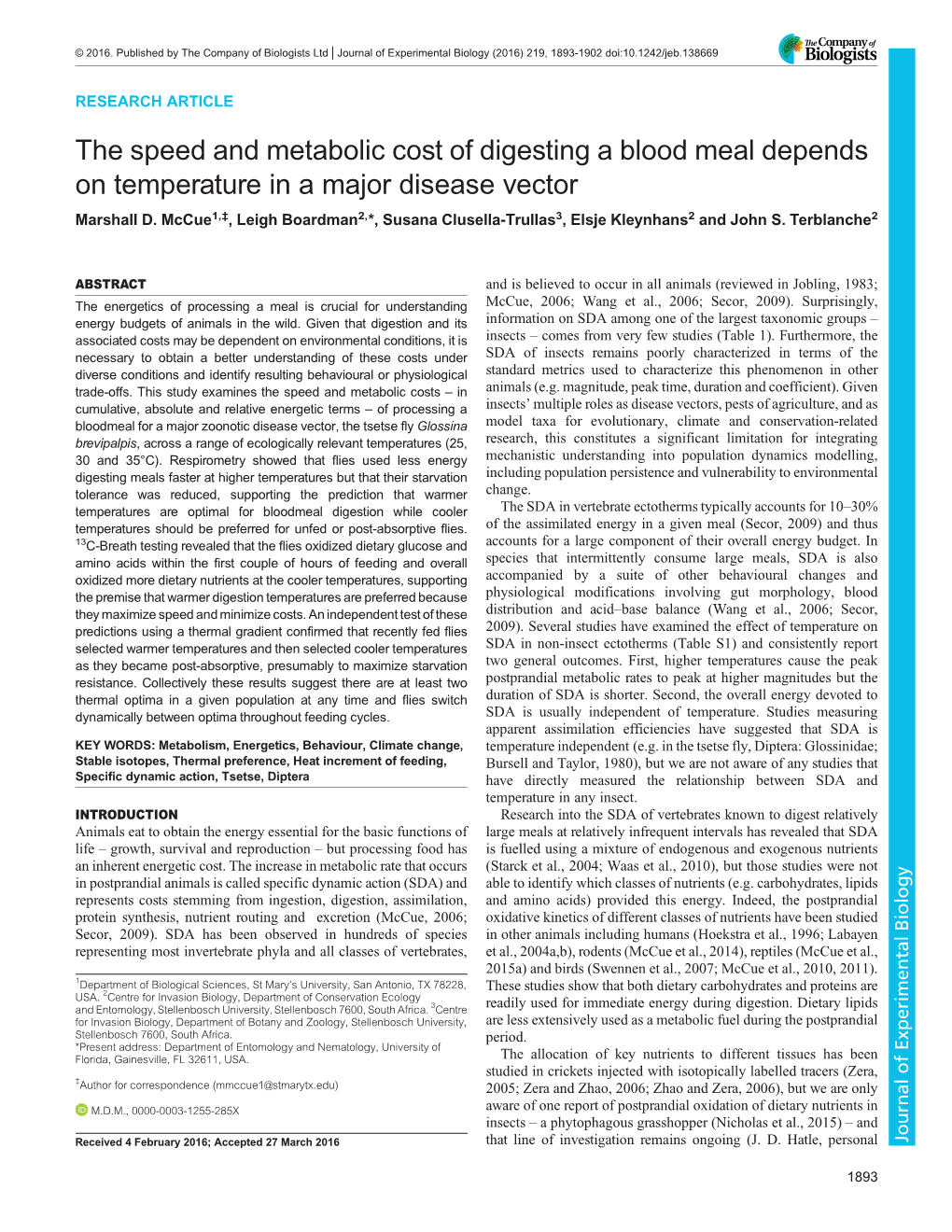 The Speed and Metabolic Cost of Digesting a Blood Meal Depends on Temperature in a Major Disease Vector Marshall D