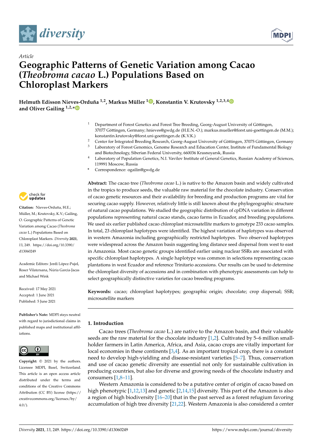 Theobroma Cacao L.) Populations Based on Chloroplast Markers