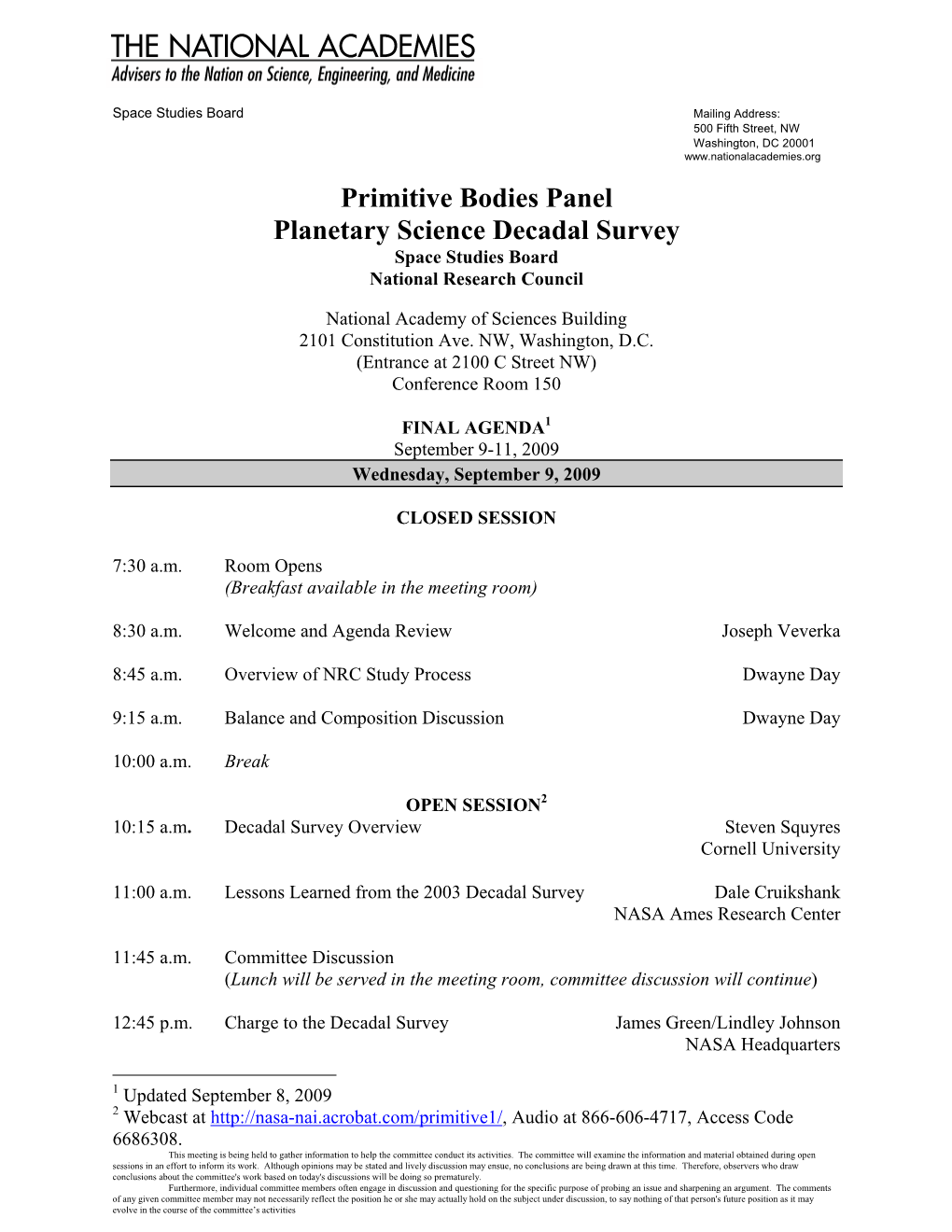 Primitive Bodies Panel Planetary Science Decadal Survey Space Studies Board National Research Council